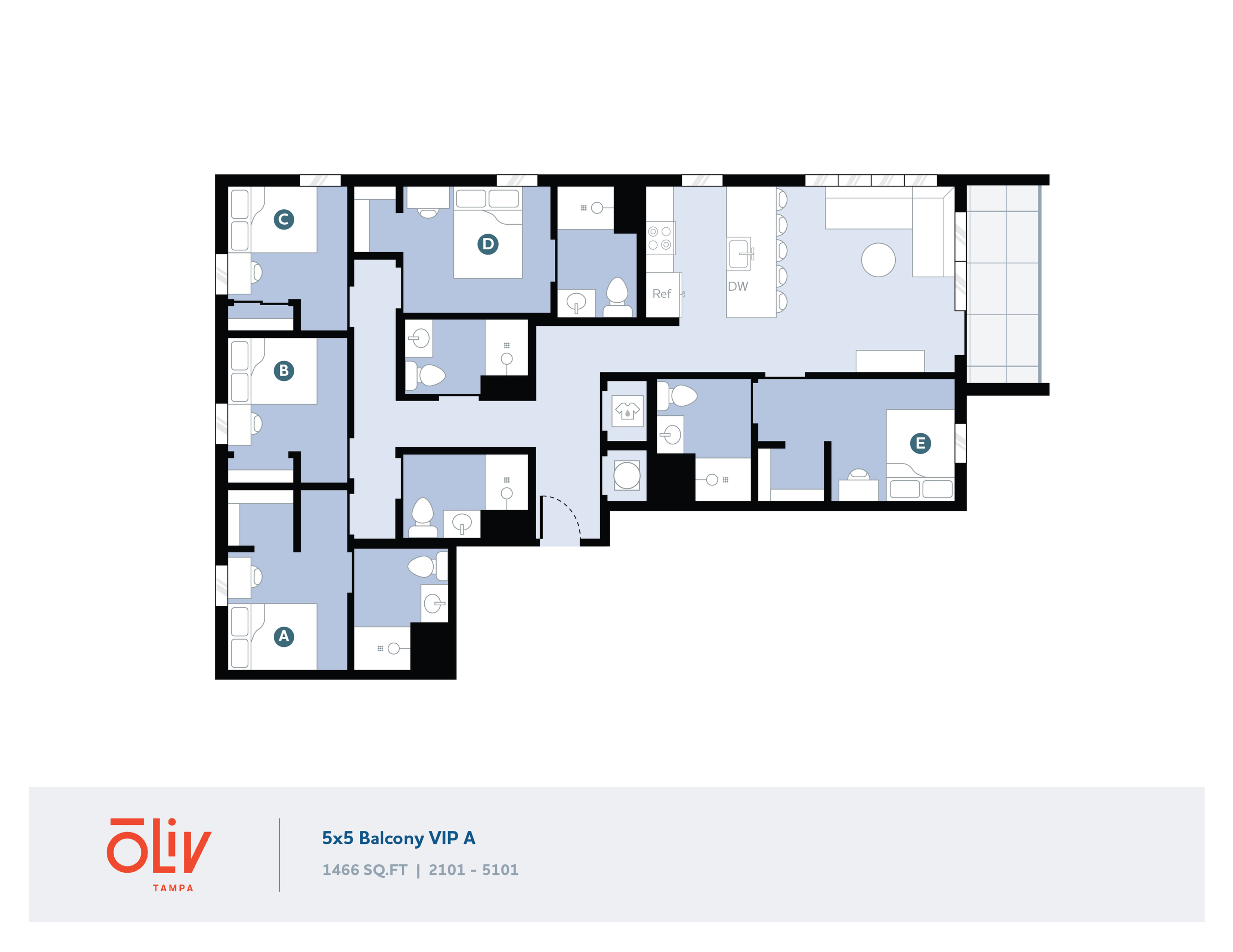 Spacious 5-bedroom apartment floor plan, featuring a large open living area with balcony, modern kitchen with island, and multiple bathrooms. Ideal for luxury living in Tampa.