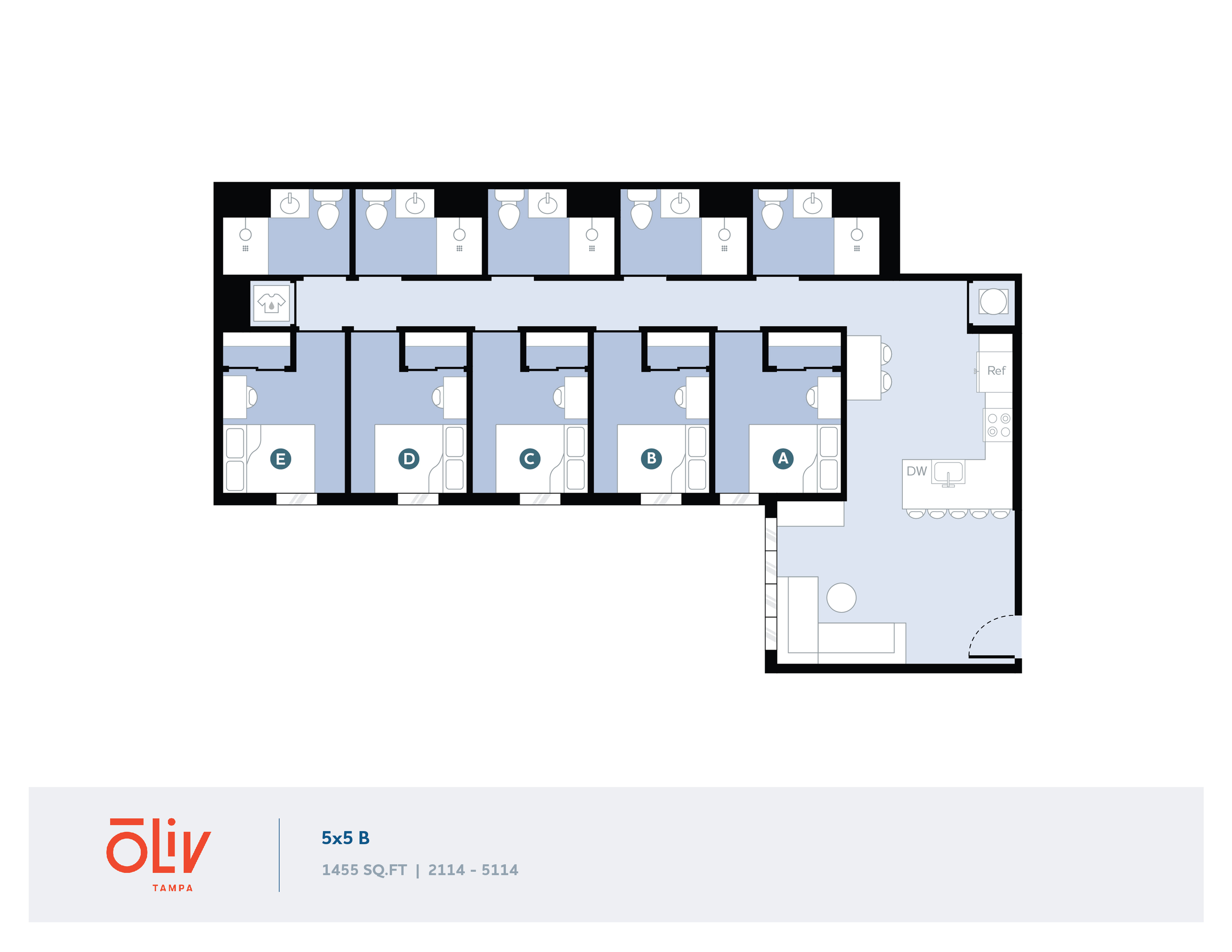 Spacious 5-bedroom, 5-bathroom floor plan at Oliv Tampa with modern amenities, large common area, and well-equipped kitchen, totaling 1455 sq ft.