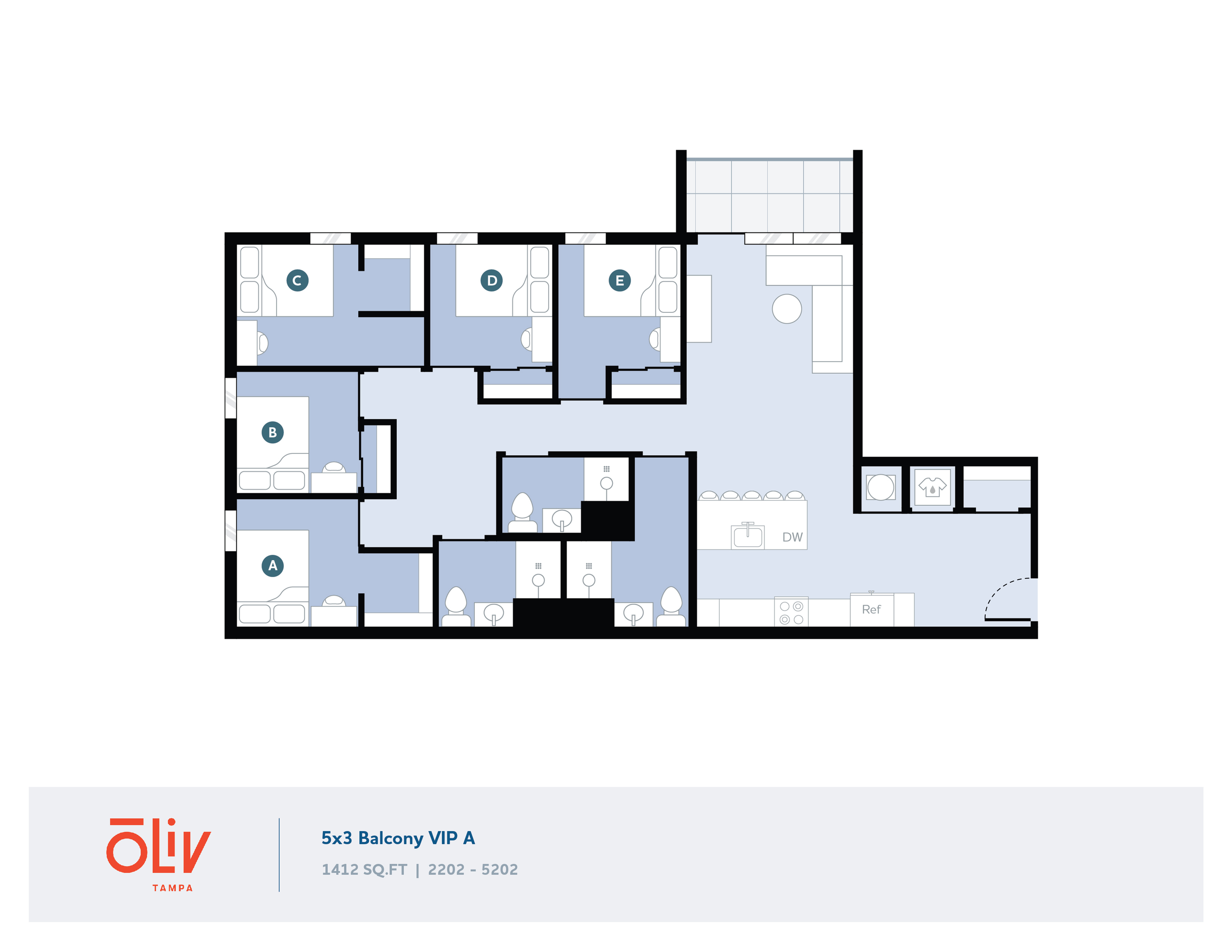 Expansive 5-bedroom floor plan with 3 bathrooms, featuring an open living area, modern kitchen, and a balcony, spanning 1412 sq ft.