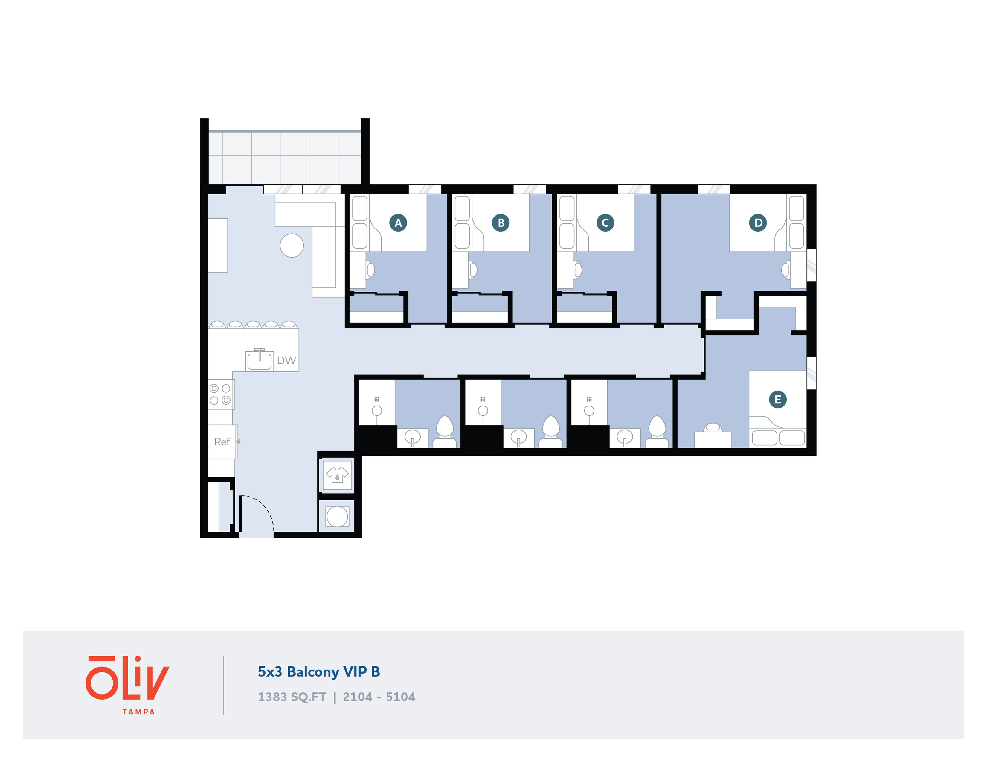 Spacious 5-bedroom floor plan with private bathrooms and a modern kitchen, featuring a large balcony at Oliv Tampa, 1383 sq ft.