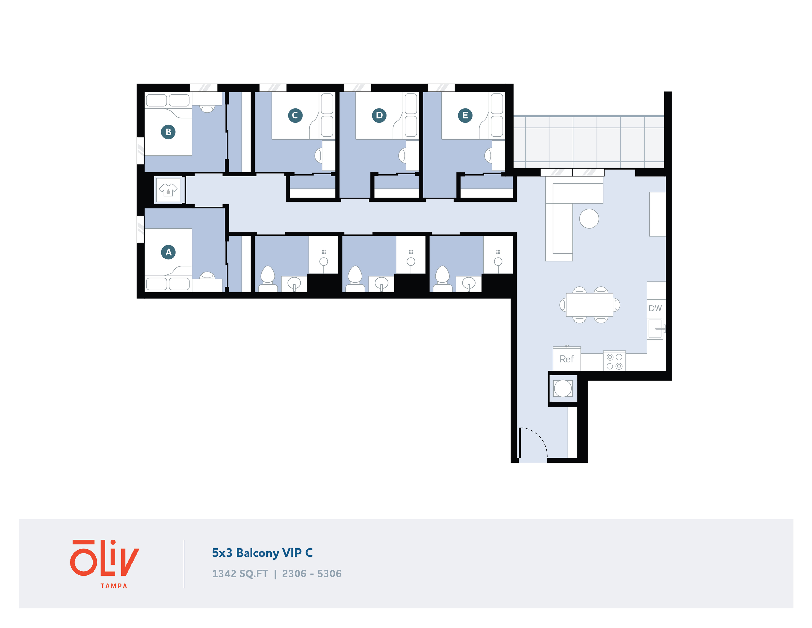 Modern 5-bedroom floor plan featuring a spacious open living area, large balcony, and kitchen, encompassing 1342 sq ft at Oliv Tampa.