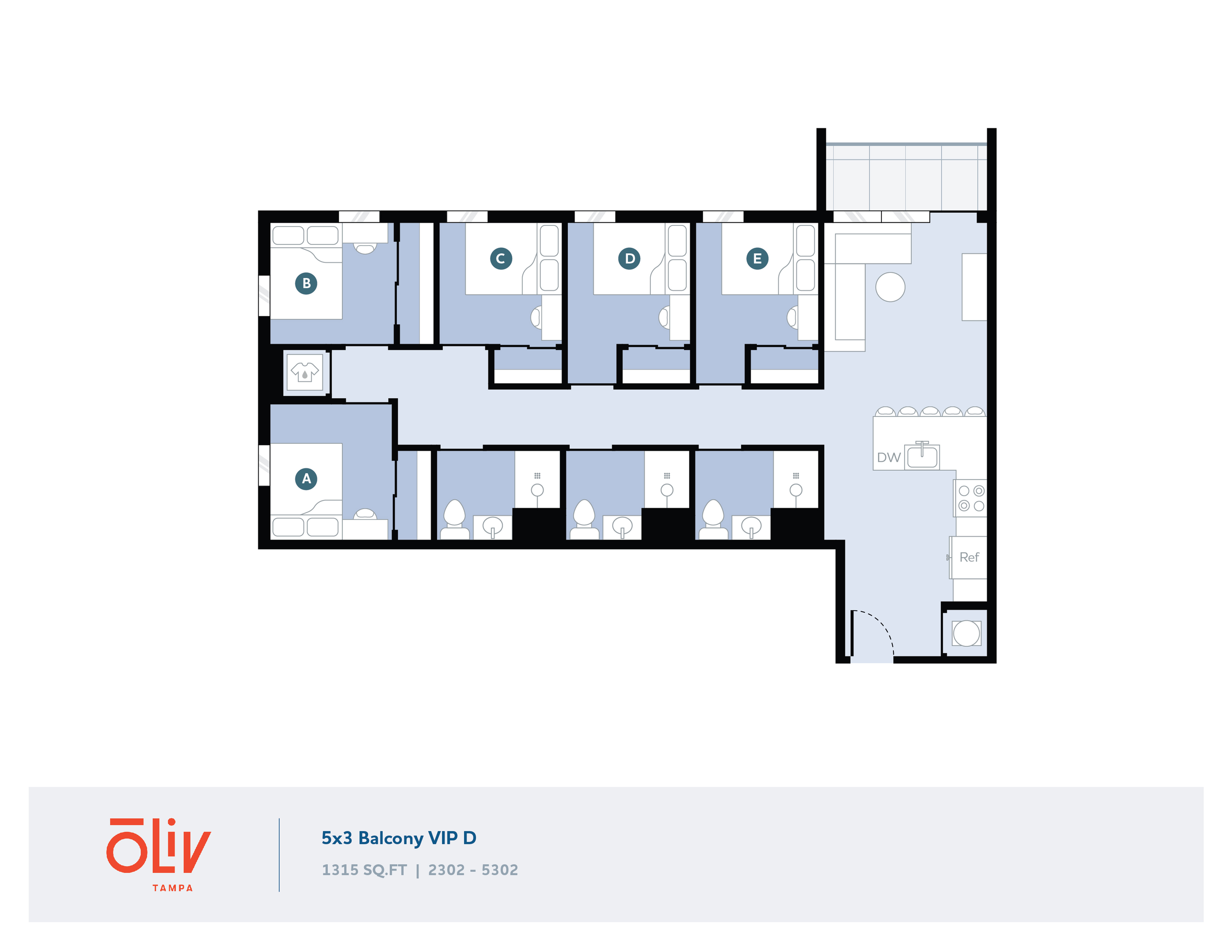 Modern 5-bedroom 3-bathroom floor plan with balcony and open kitchen, 1315 sq ft, Oliv Tampa VIP D.