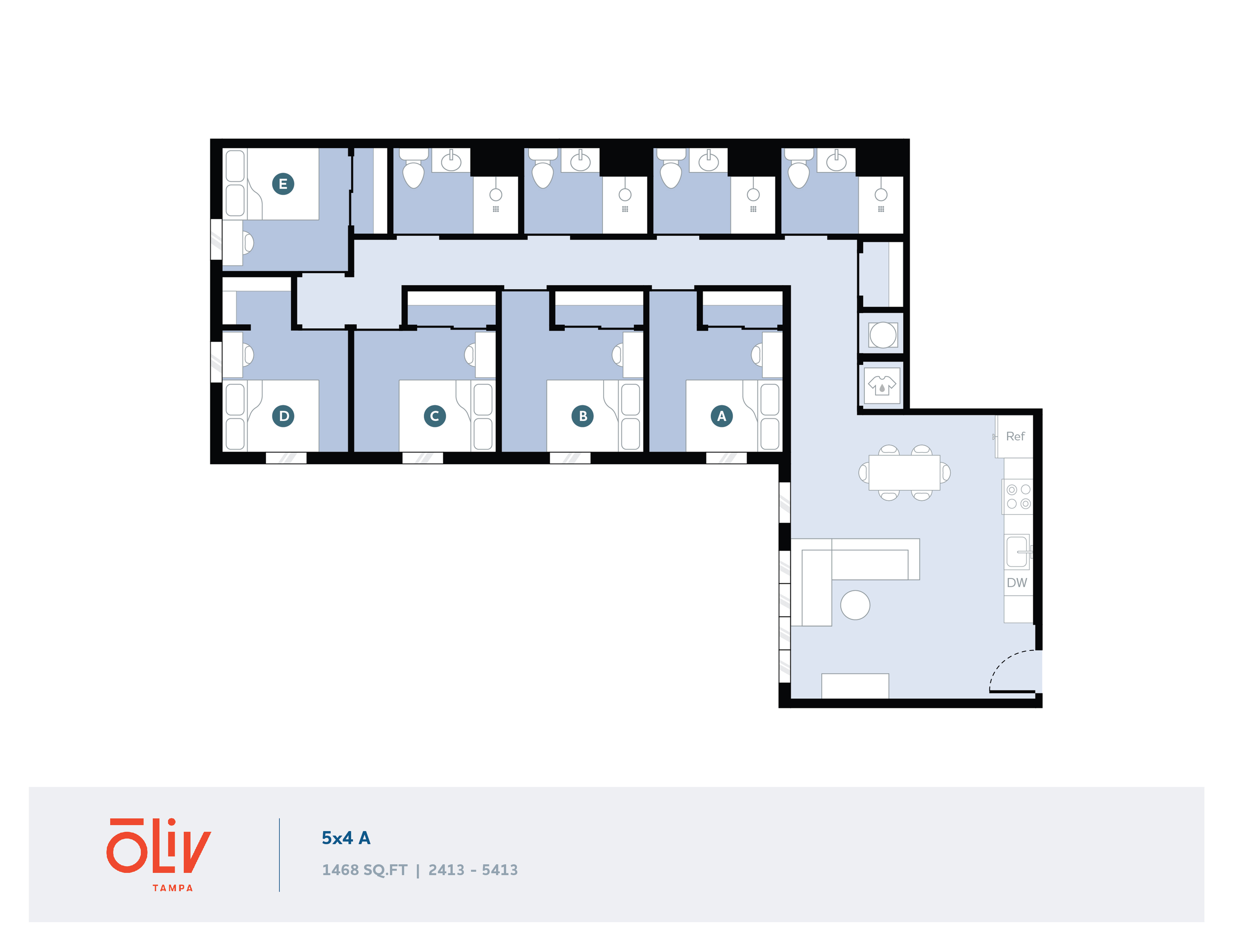 Spacious Oliv Tampa floor plan with 5 bedrooms and 4 bathrooms, featuring open-concept living and kitchen areas, perfect for modern communal living, 1468 sq ft.