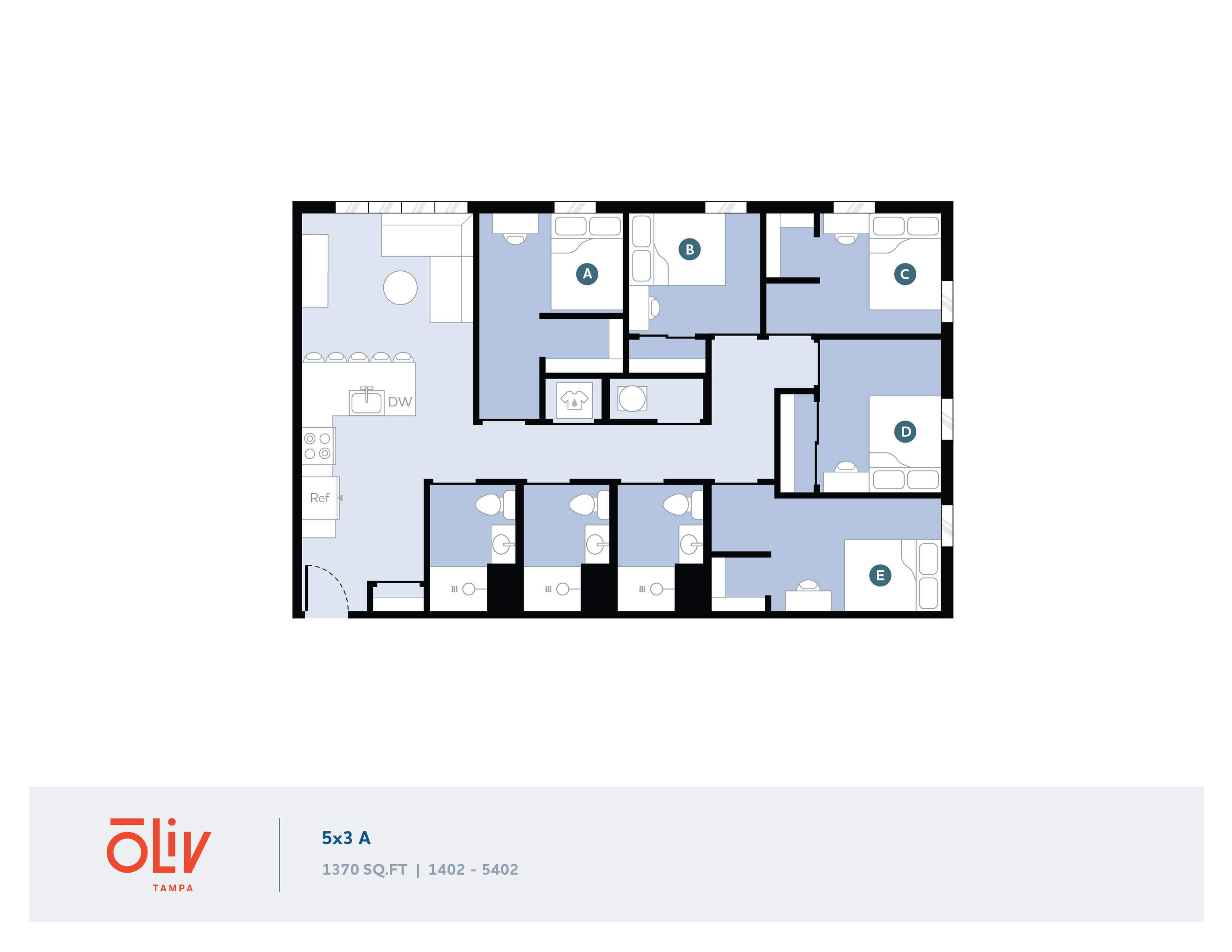 Spacious 5-bedroom floor plan with three bathrooms, open kitchen, and inviting living space in Oliv Tampa, 1370 sq ft.