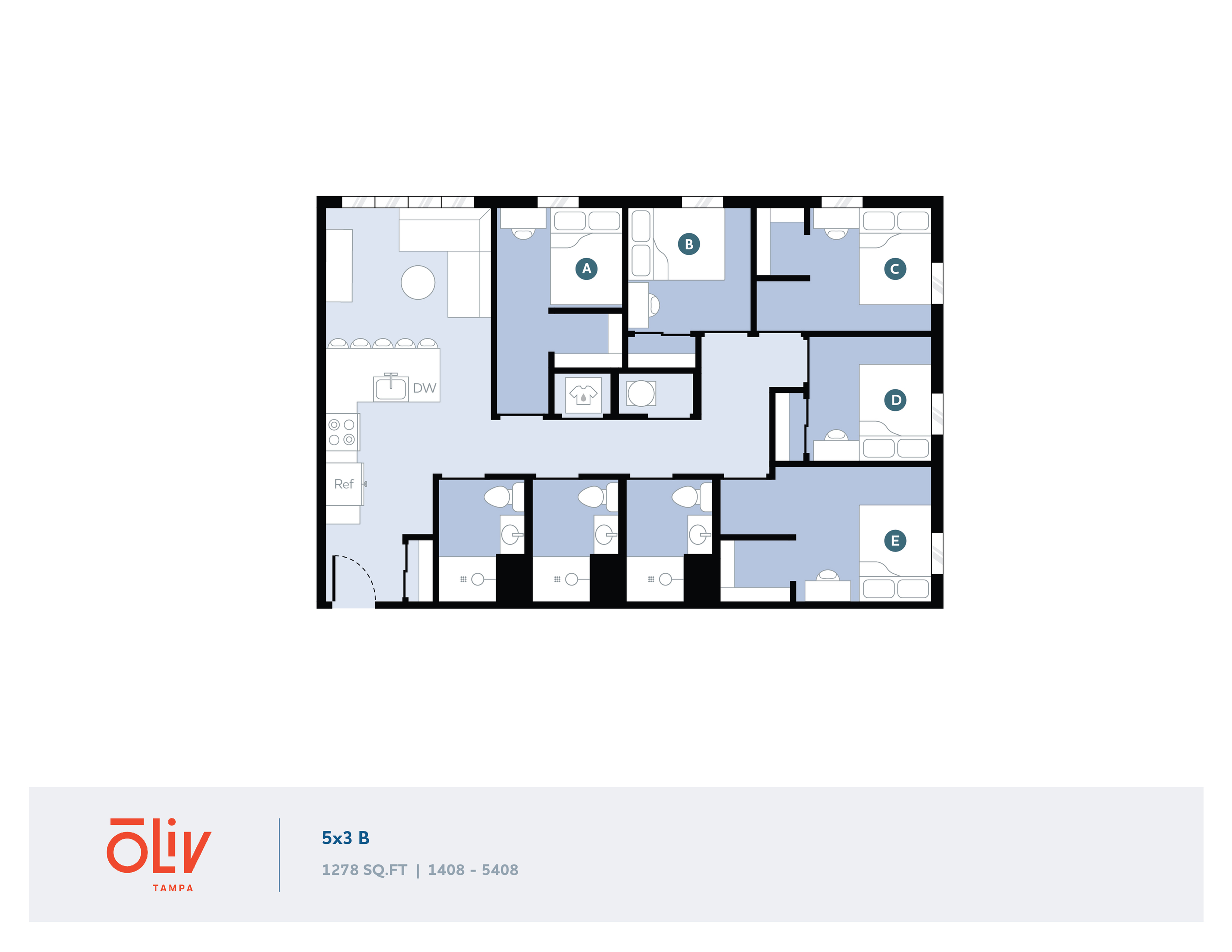 Oliv Tampa floor plan showcasing a spacious 5-bedroom, 3-bathroom layout with modern kitchen and cozy living area in 1278 sq ft.