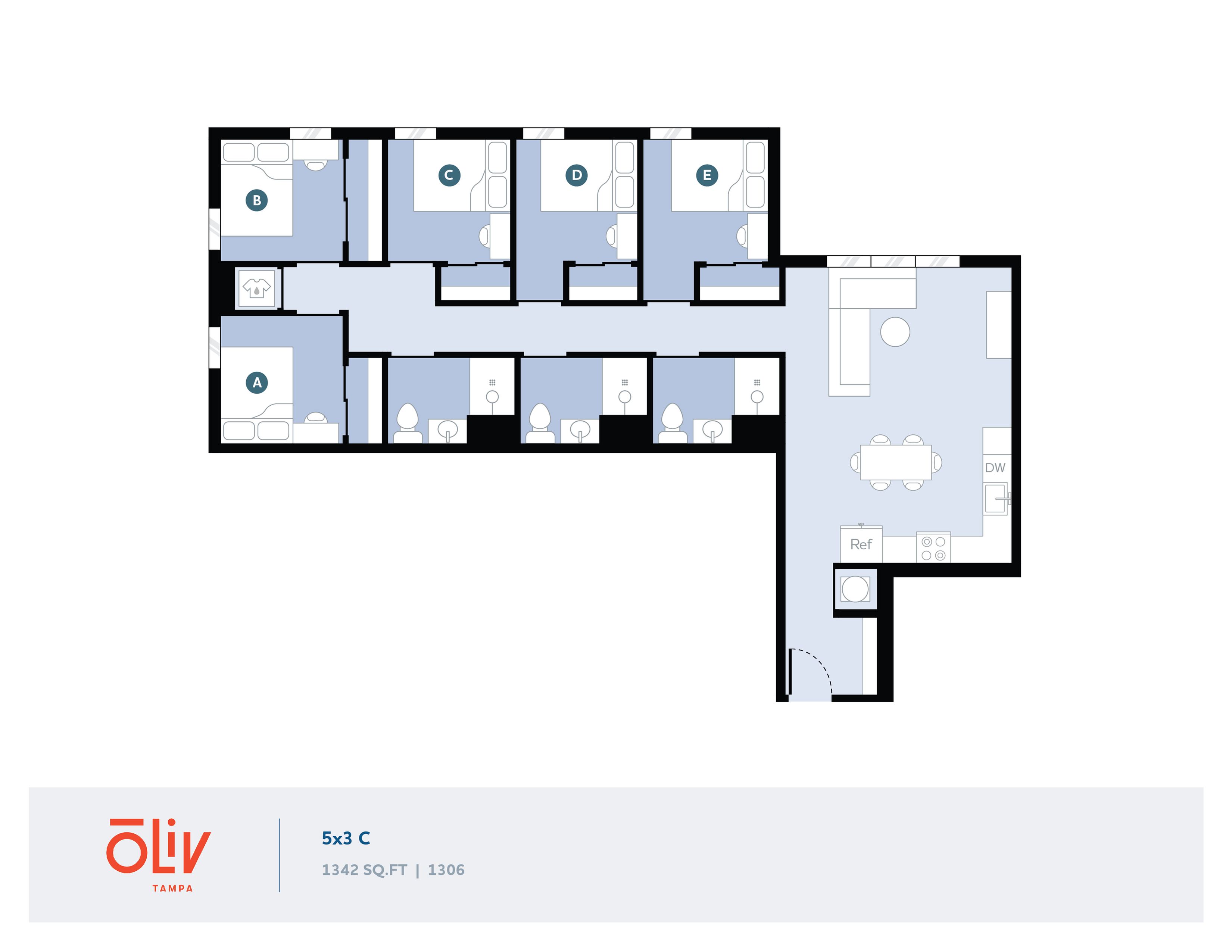 Modern 5-bedroom floor plan featuring three bathrooms, open layout living space, and stylish kitchen in Oliv Tampa, 1342 sq ft.