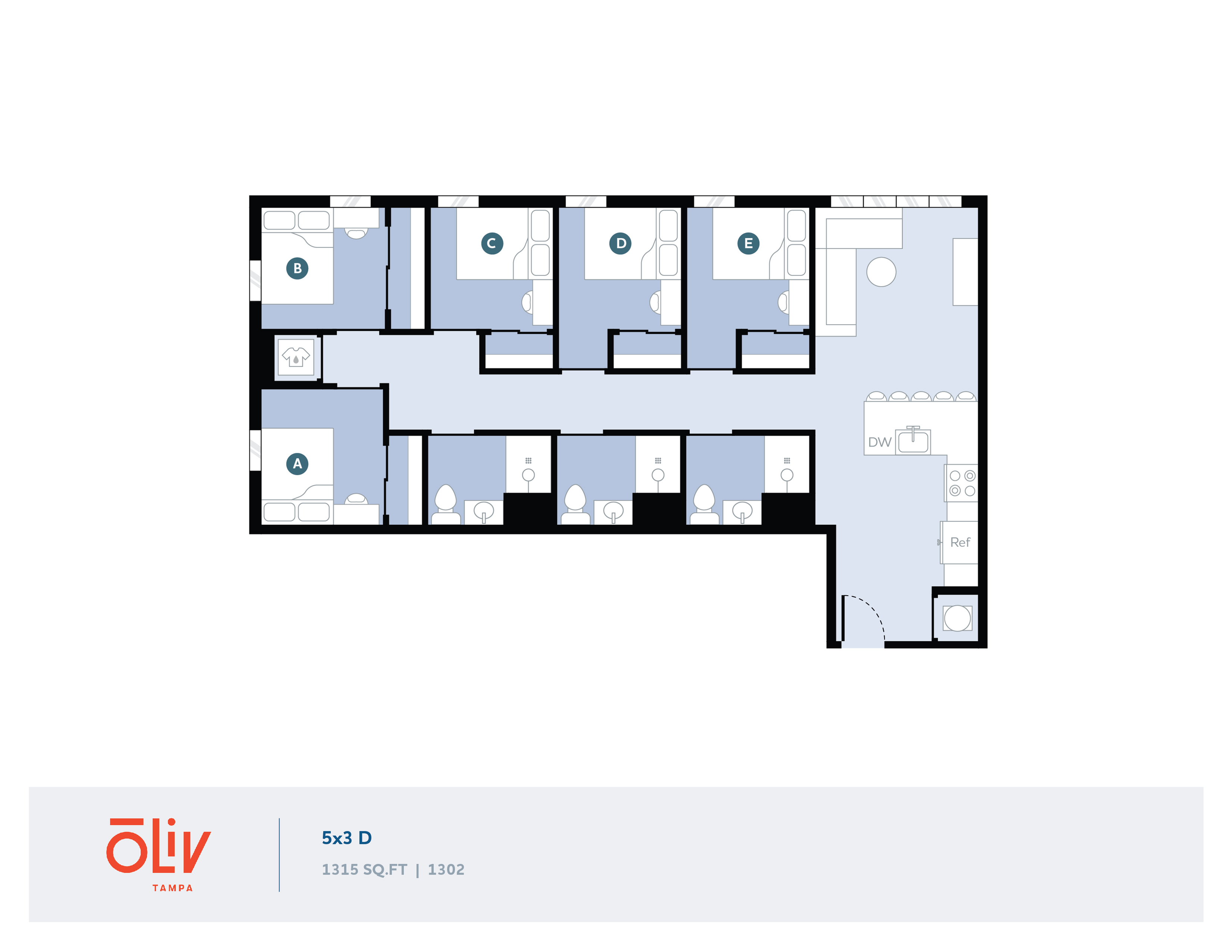 Modern floor plan of a 5-bedroom, 3-bath apartment with a spacious open kitchen and living area, covering 1315 sq ft.