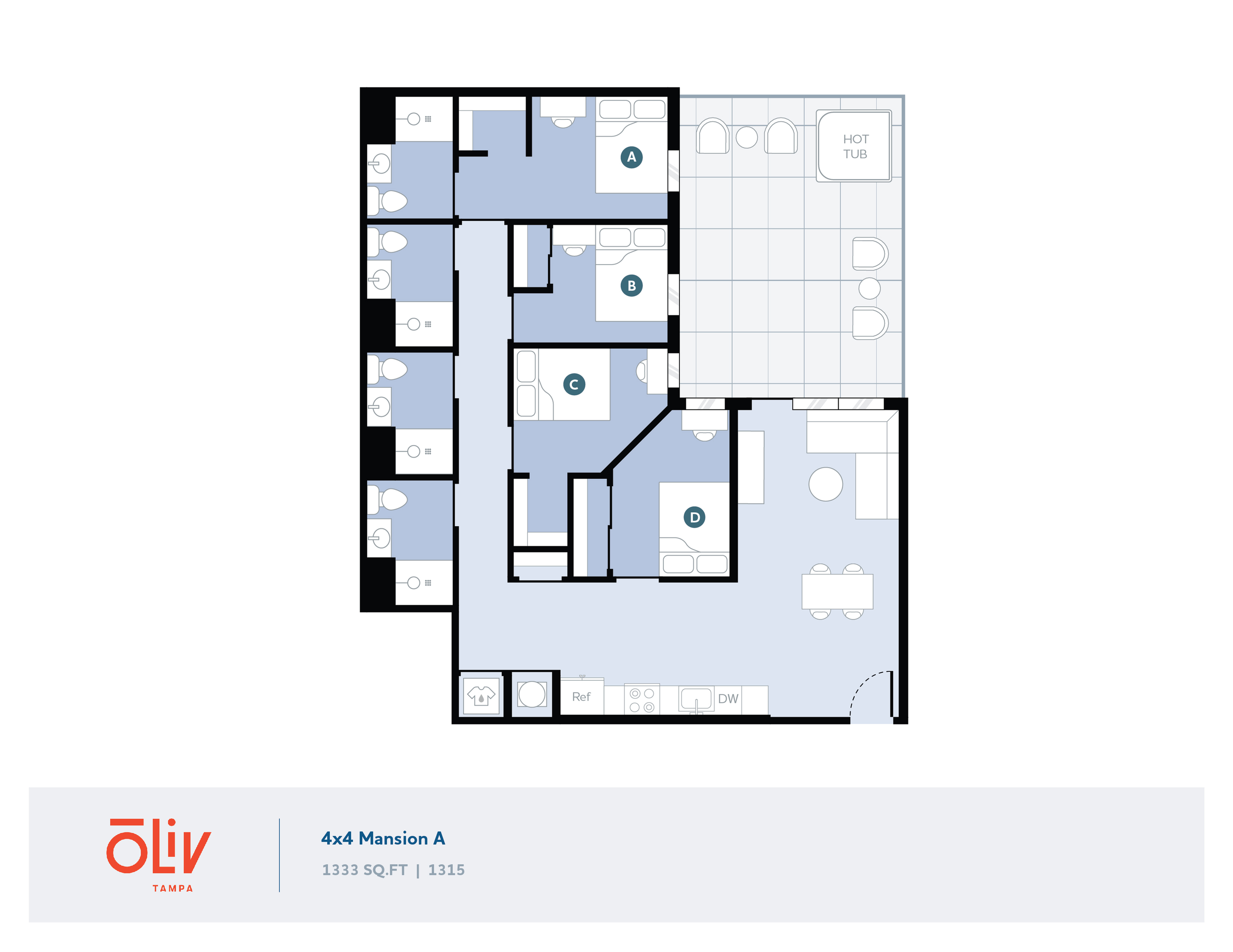 Elegant 4x4 Mansion A floor plan featuring four spacious bedrooms, modern kitchen, and luxurious living area with a hot tub, 1333 sq ft.