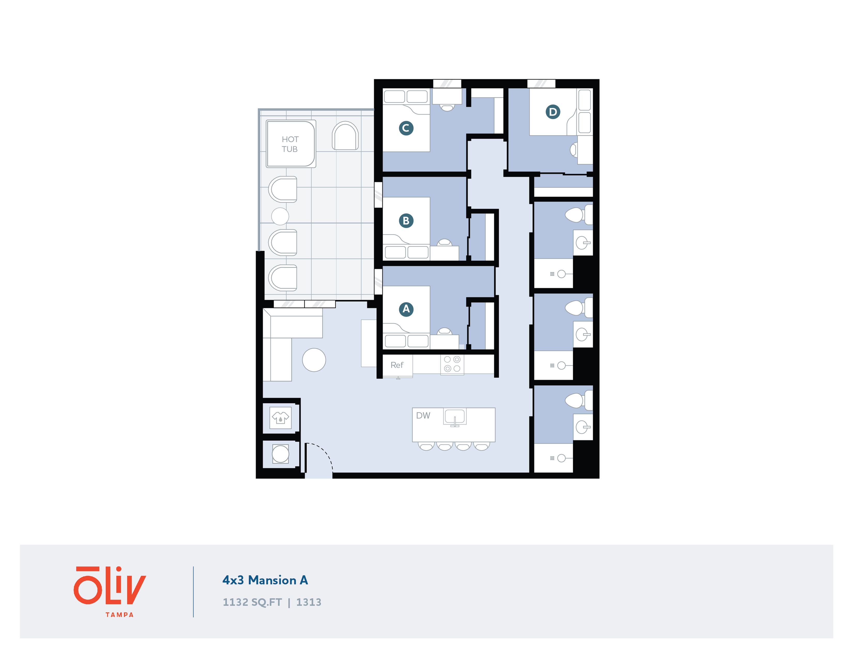 Innovative 4x3 Mansion A floor plan showcasing 4 bedrooms, modern kitchen with dining area, and spacious living spaces in 1132 sq ft.