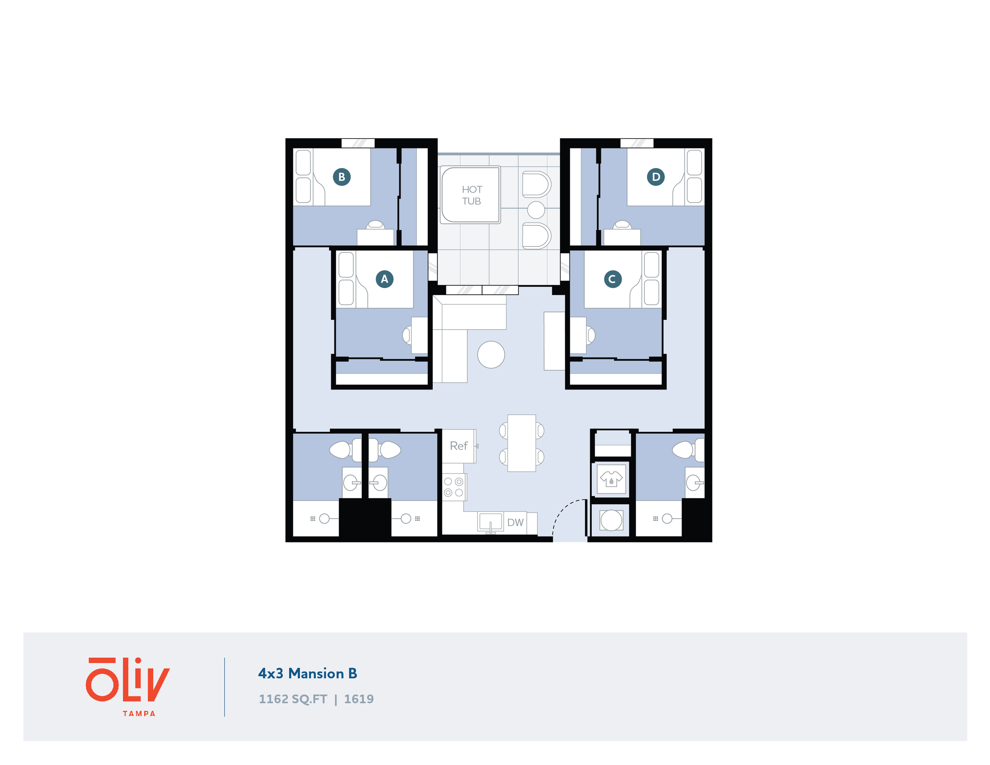 Modern 4x3 Mansion B floor plan featuring four cozy bedrooms, three luxurious bathrooms, and a central living area with kitchen, dining space, and hot tub. Spacious design in Tampa, 1162 sq ft.