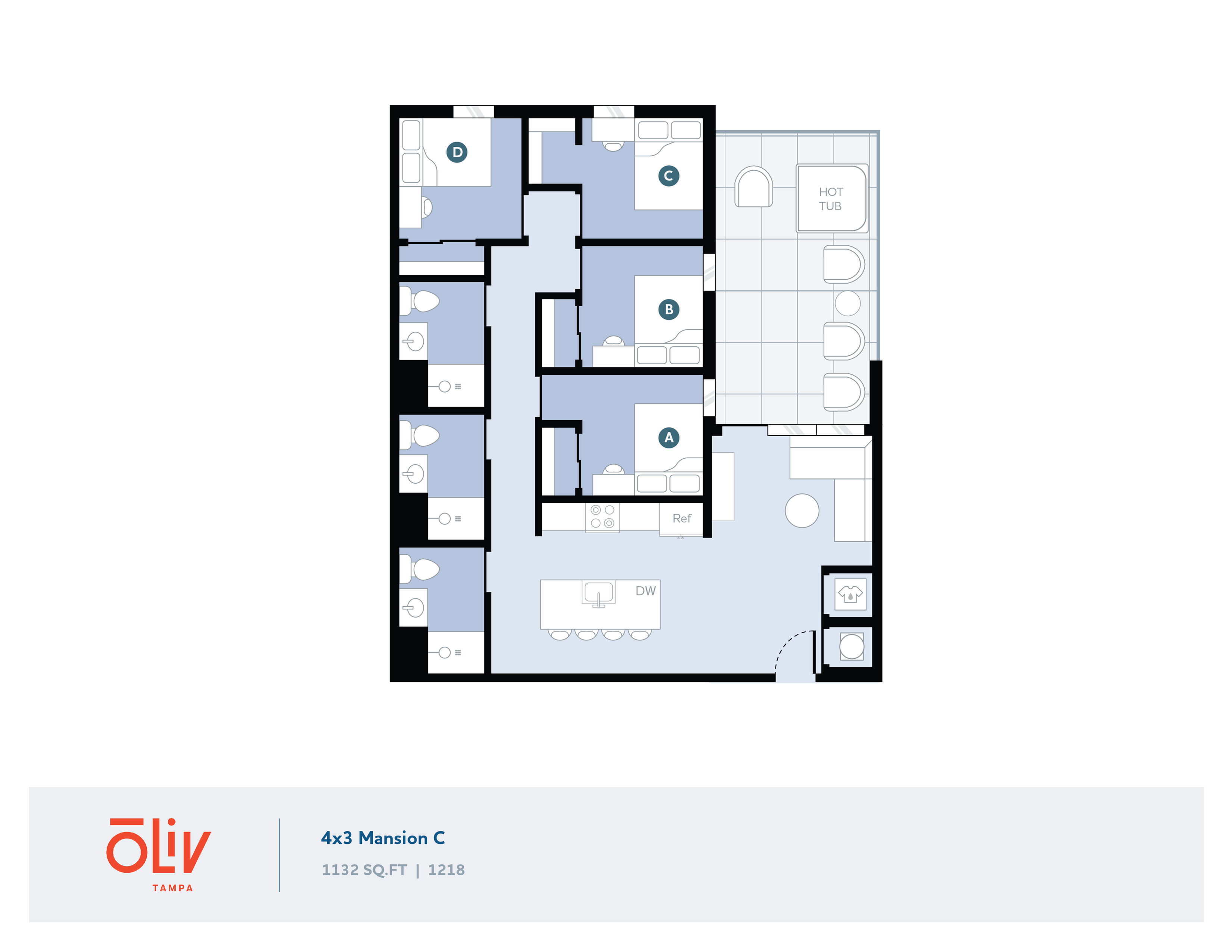 Modern 4x3 Mansion C floor plan showcasing 4 bedrooms with attached bathrooms, spacious living area, and kitchen, featuring a hot tub, covering 1132 sq.ft.