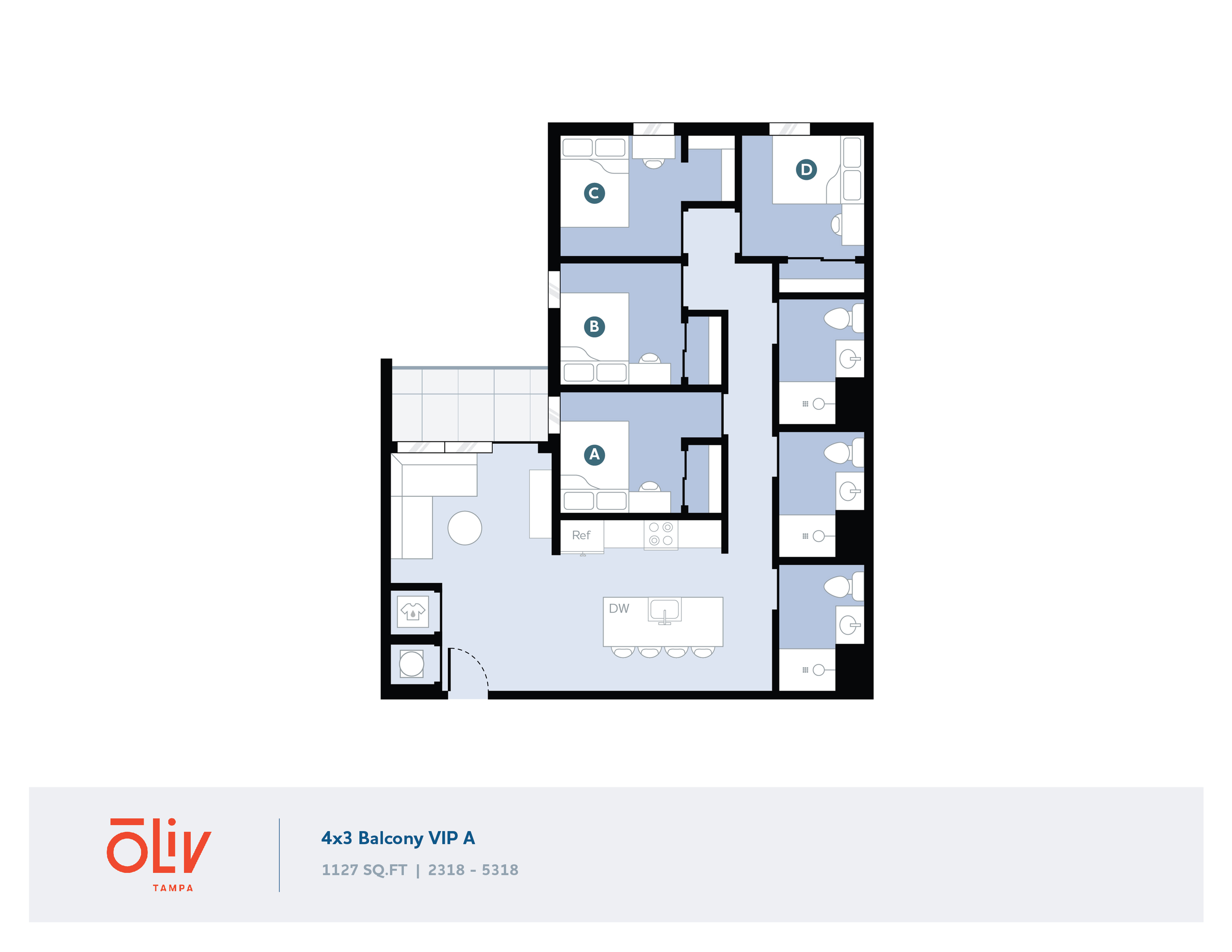 Modern 4-bedroom VIP floor plan with a spacious balcony, stylish kitchen, and sleek living area totaling 1127 sq ft.