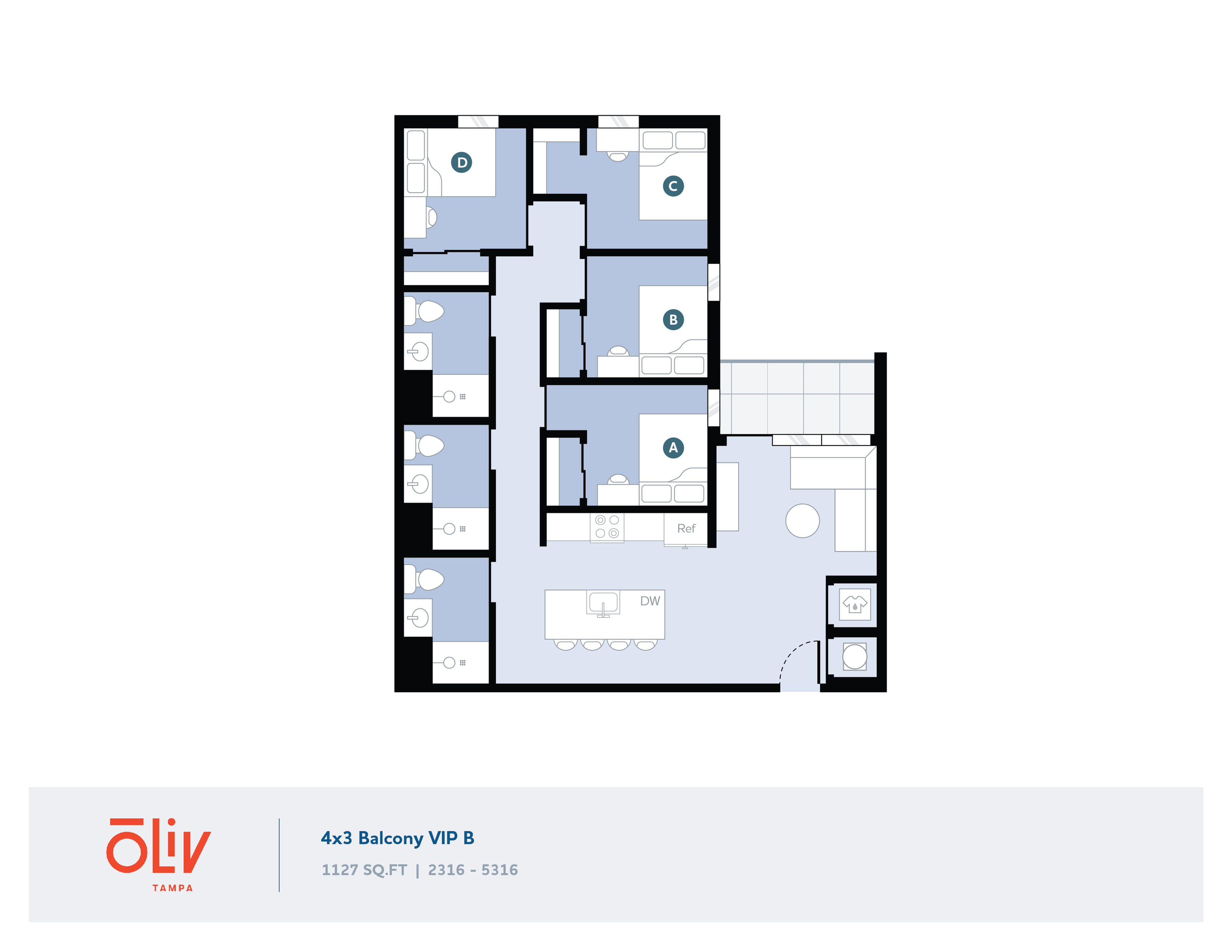 Modern 4x3 balcony floor plan with four bedrooms, a spacious living area, and an inviting kitchen in a 1127 sq ft layout.
