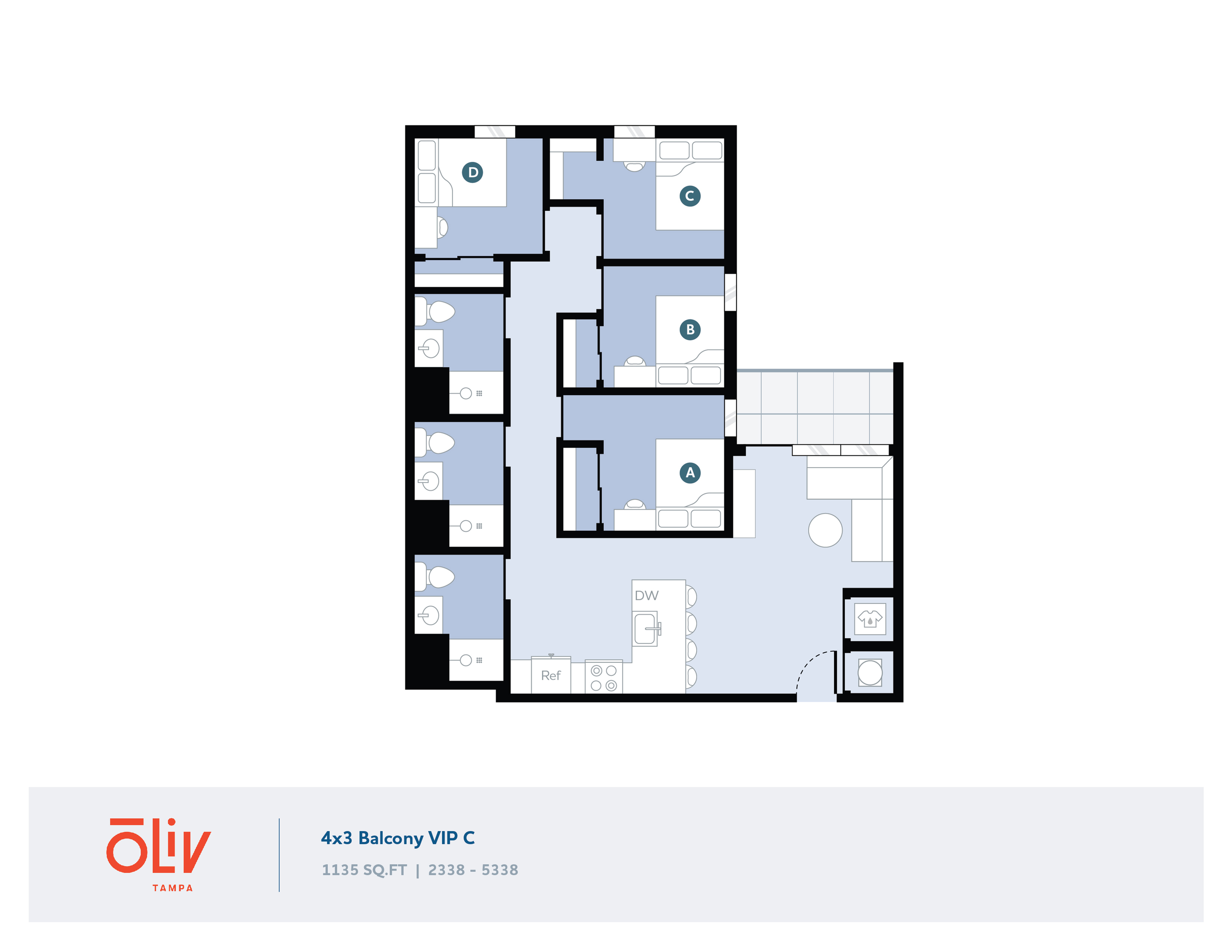 Modern 4-bedroom, 3-bathroom floor plan with spacious living area, sleek kitchen, and balcony. Total area of 1135 sq.ft, ideal for luxury living.