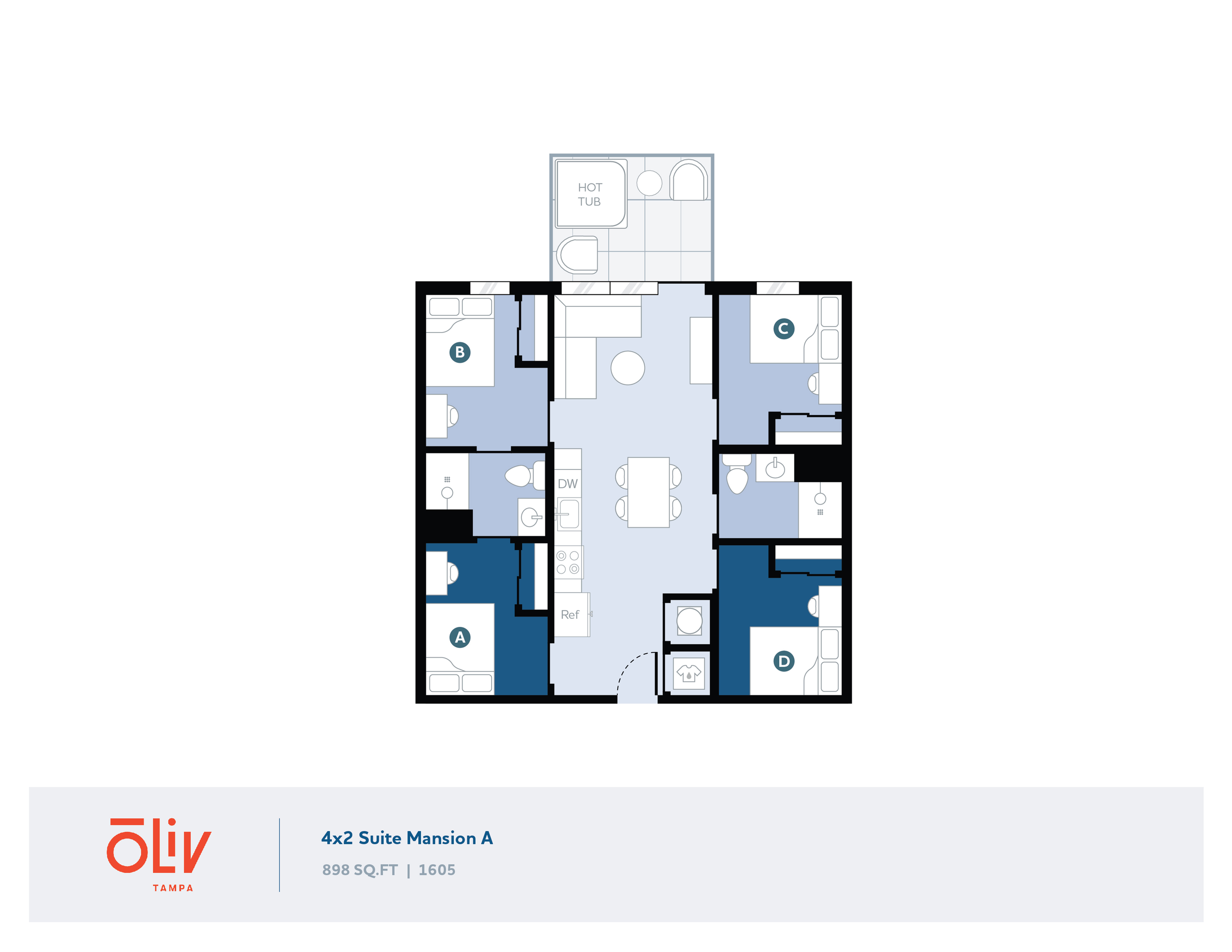 Modern 4x2 Suite Mansion A floor plan showcasing 4 bedrooms, expansive living space, hot tub, and efficient kitchen layout in 898 sq. ft.