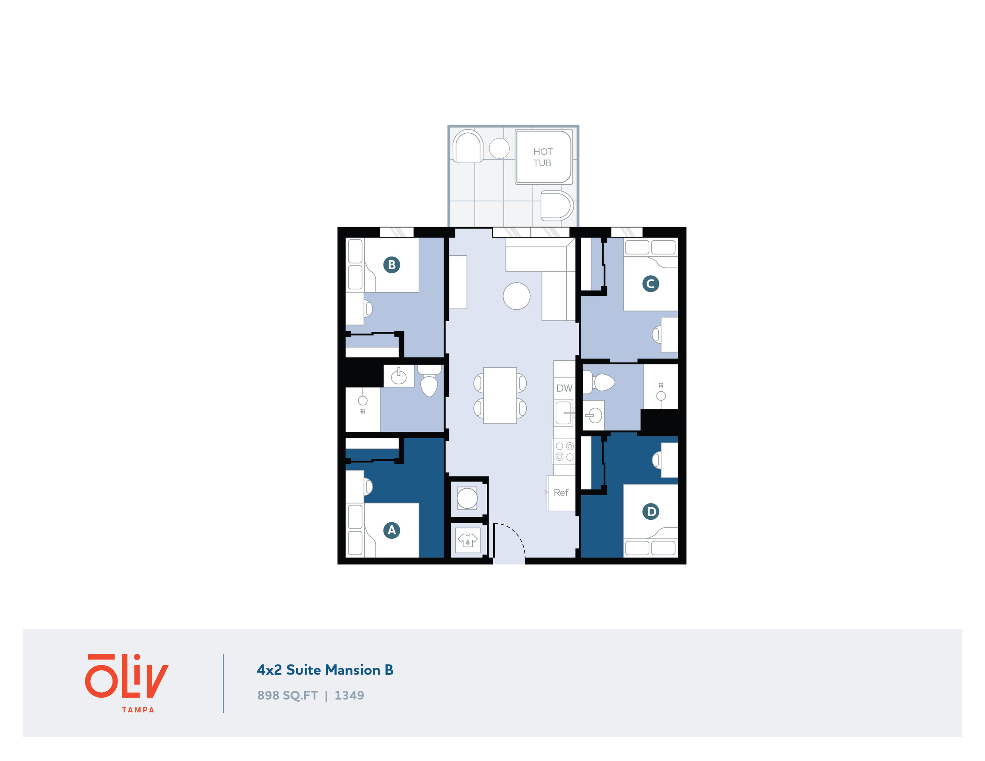 Modern 4x2 Suite Mansion B floor plan showcasing four bedrooms, spacious shared living and dining area, efficient kitchen layout, and luxurious hot tub, covering 898 sq ft.