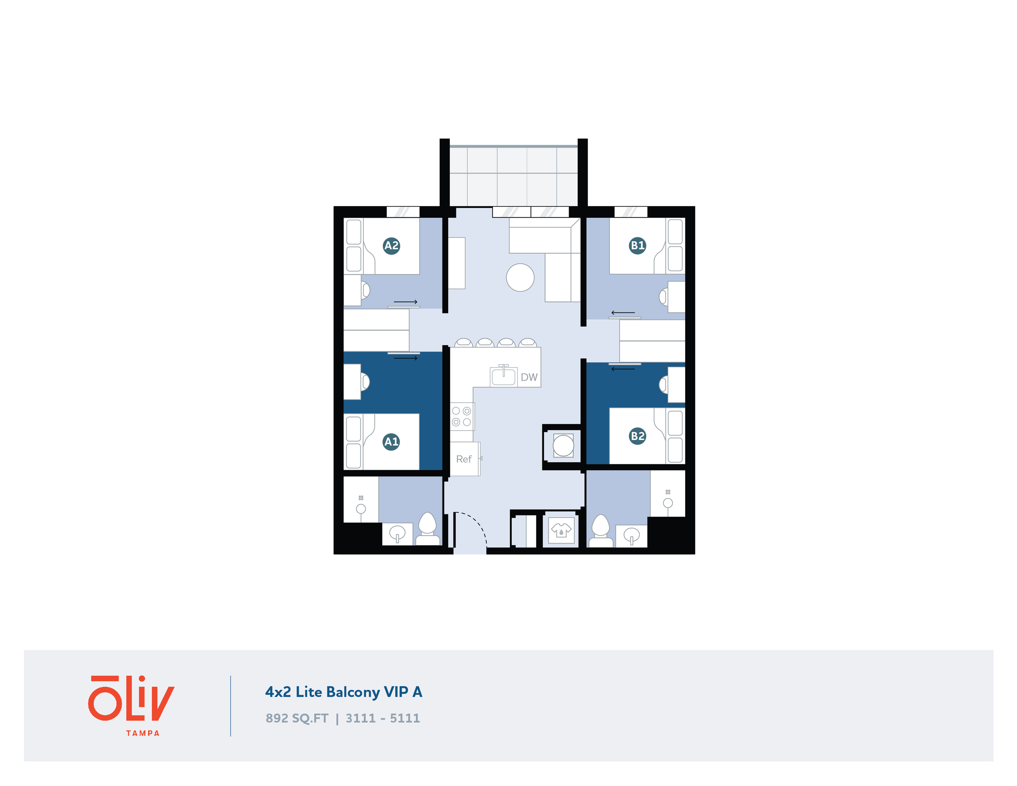 Modern 4x2 Lite Balcony VIP A floor plan featuring four bedrooms, a spacious living area, balcony, and contemporary kitchen layout in 892 sq. ft.