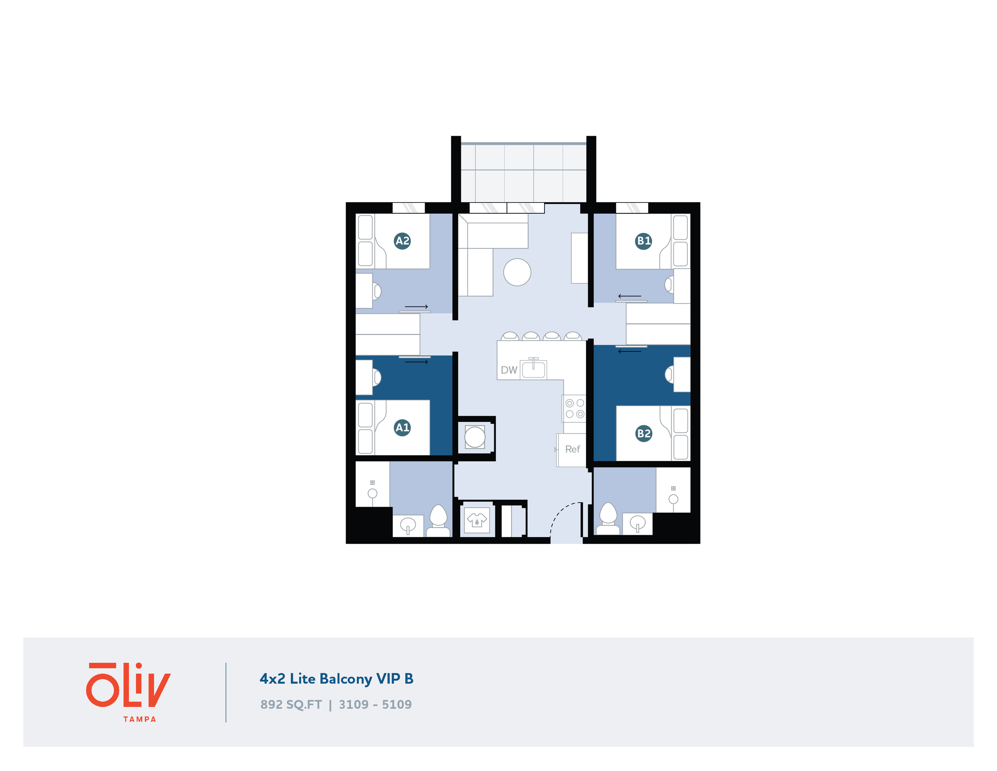 Modern 4-bedroom apartment floor plan with spacious balcony, open living area, and efficient kitchen layout in 892 sq ft.