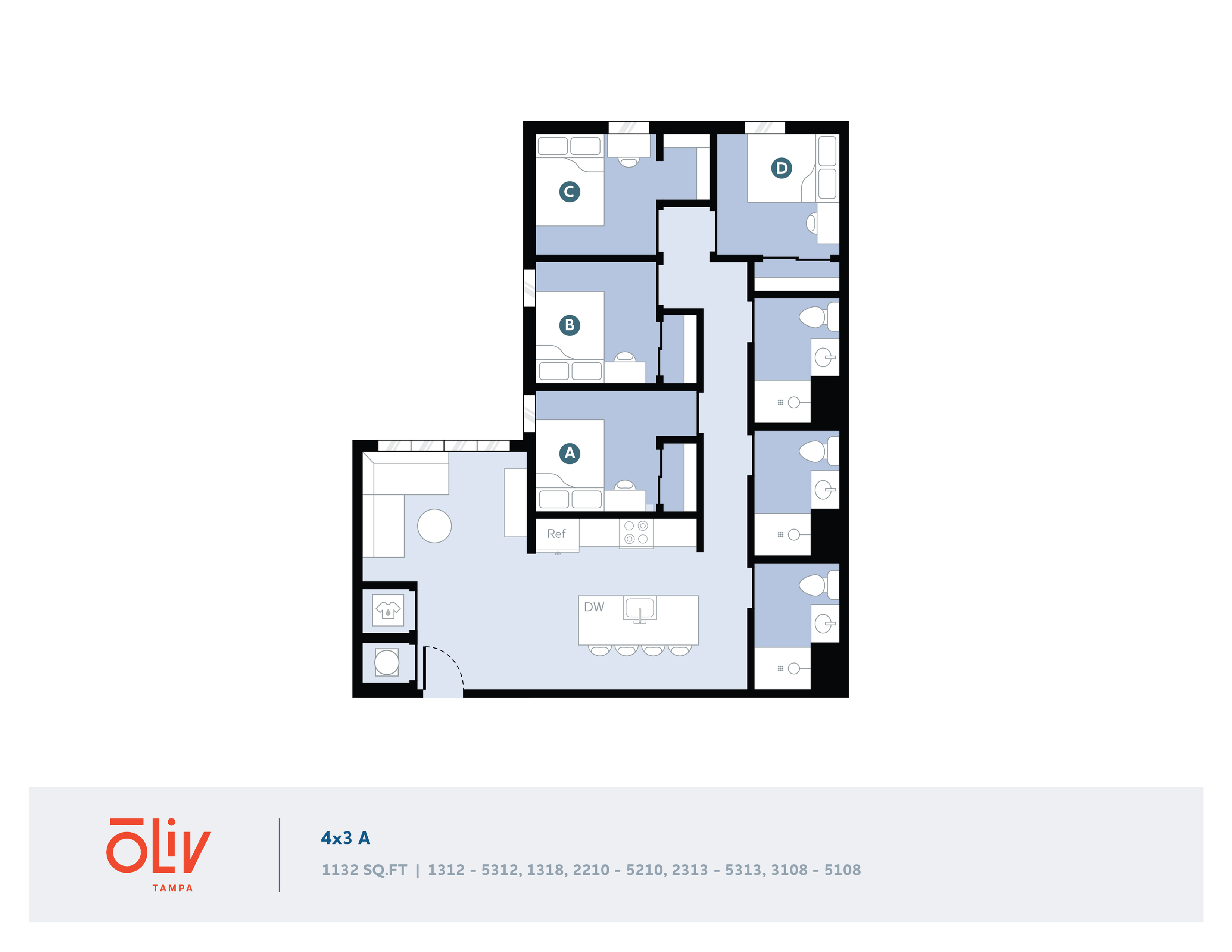 Modern 4-bedroom floor plan with open-concept living and kitchen area at Oliv Tampa, 1132 sq ft.