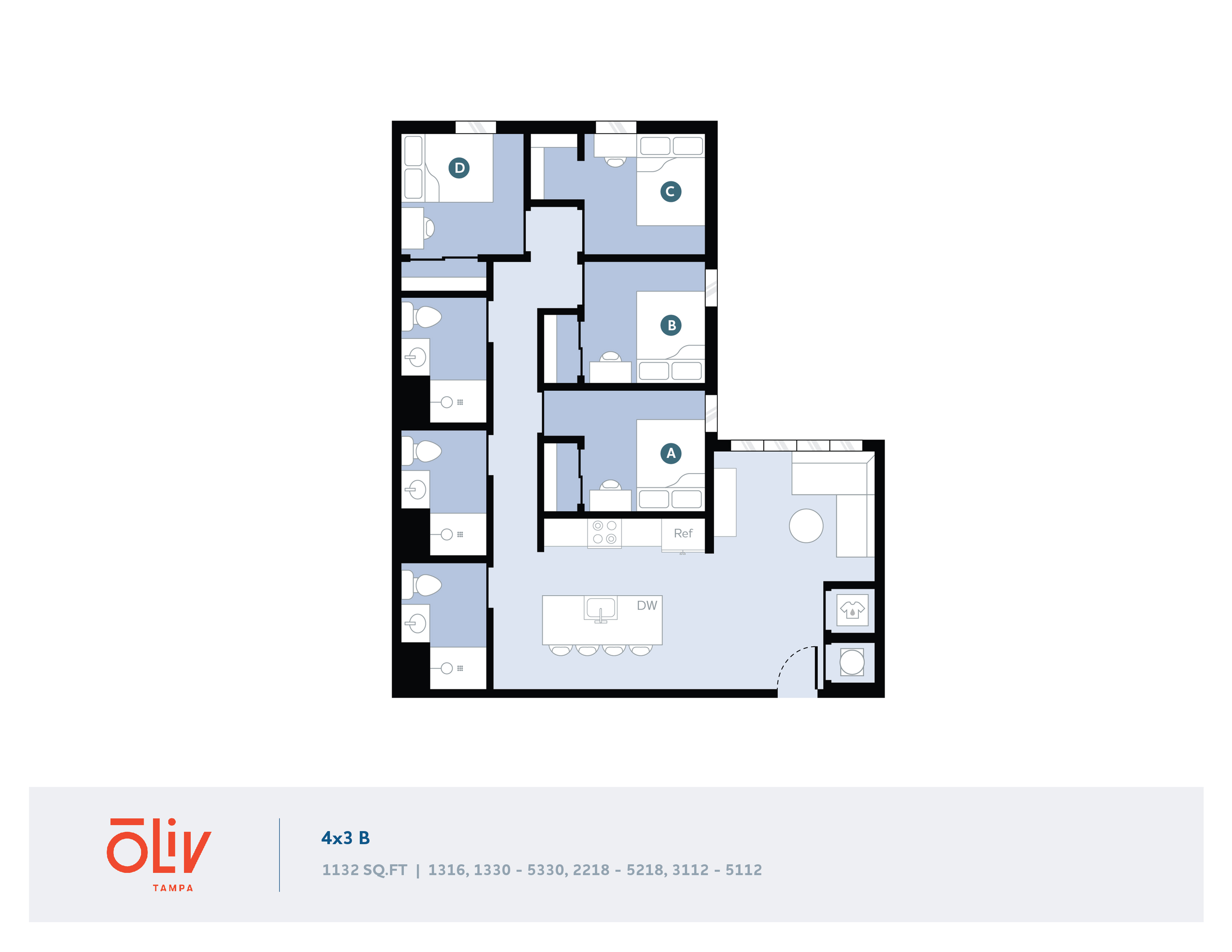Contemporary 4-bedroom floor plan at Oliv Tampa with open living space, modern kitchen, and spacious bathrooms, covering 1132 sq.ft.