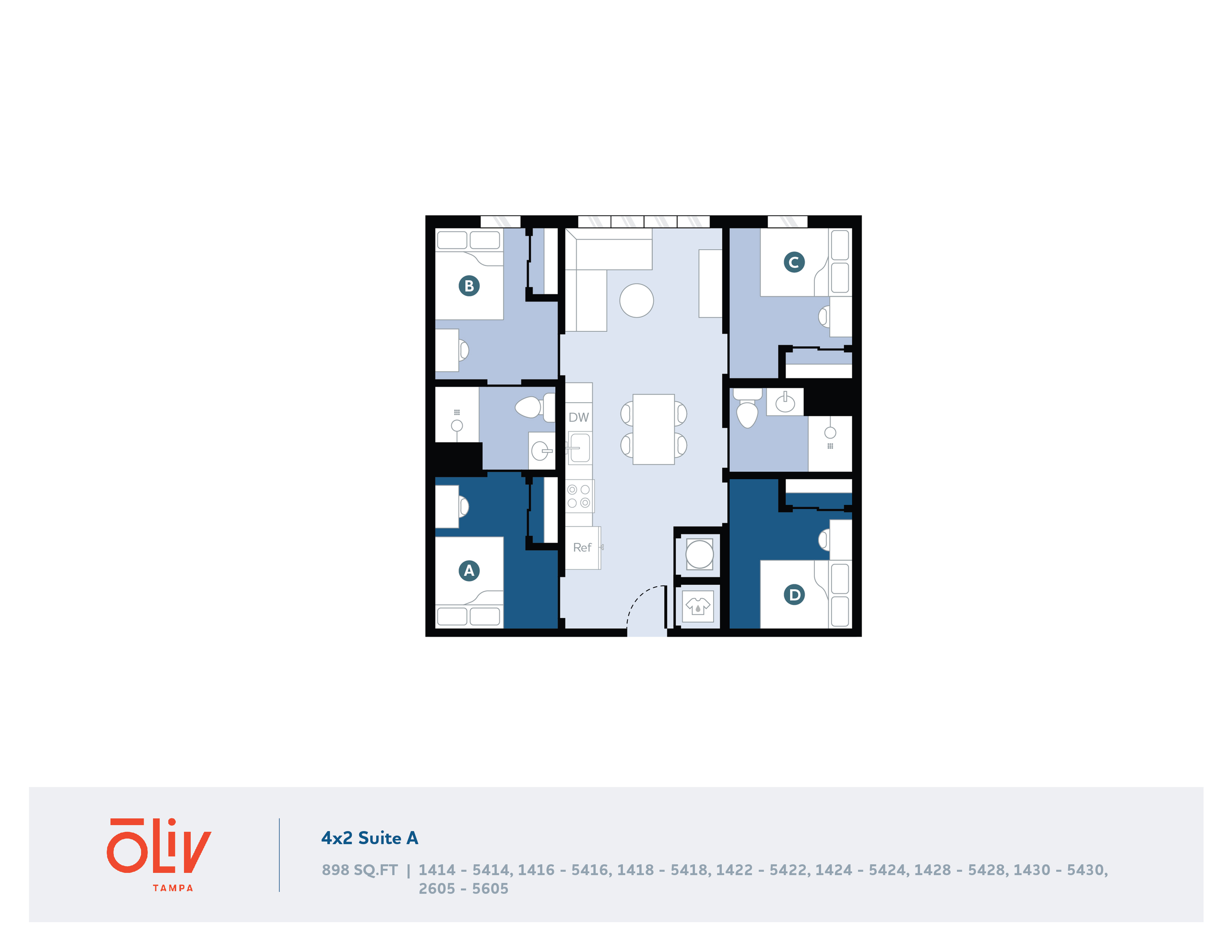 Modern 4-bedroom apartment floor plan with open-concept living and dining area, 2 bathrooms, and a spacious kitchen at Oliv Tampa, 898 sq ft.