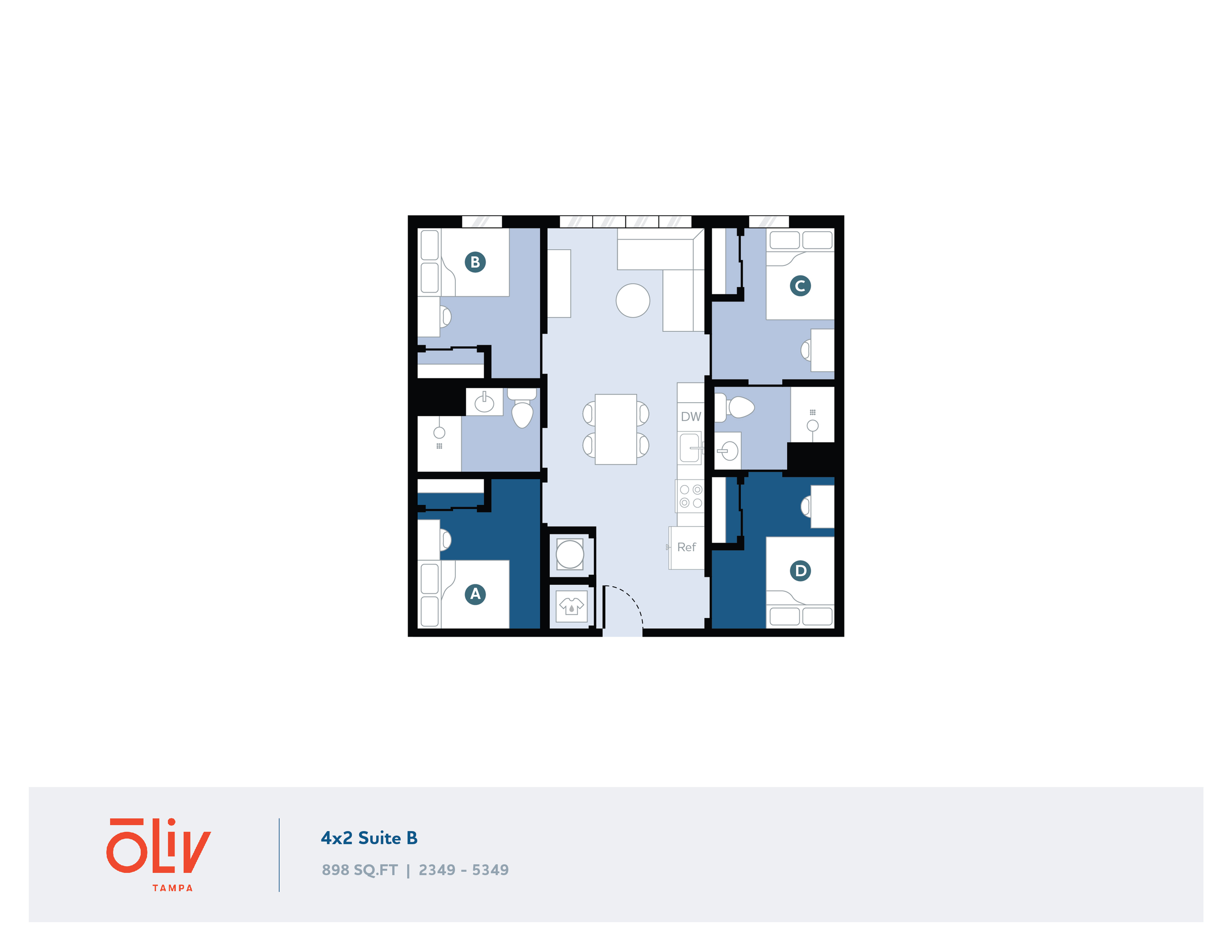 Contemporary 4x2 Suite B floor plan featuring four bedrooms, a spacious central living area, and modern kitchen facilities, offering 898 sq ft of comfortable living space.