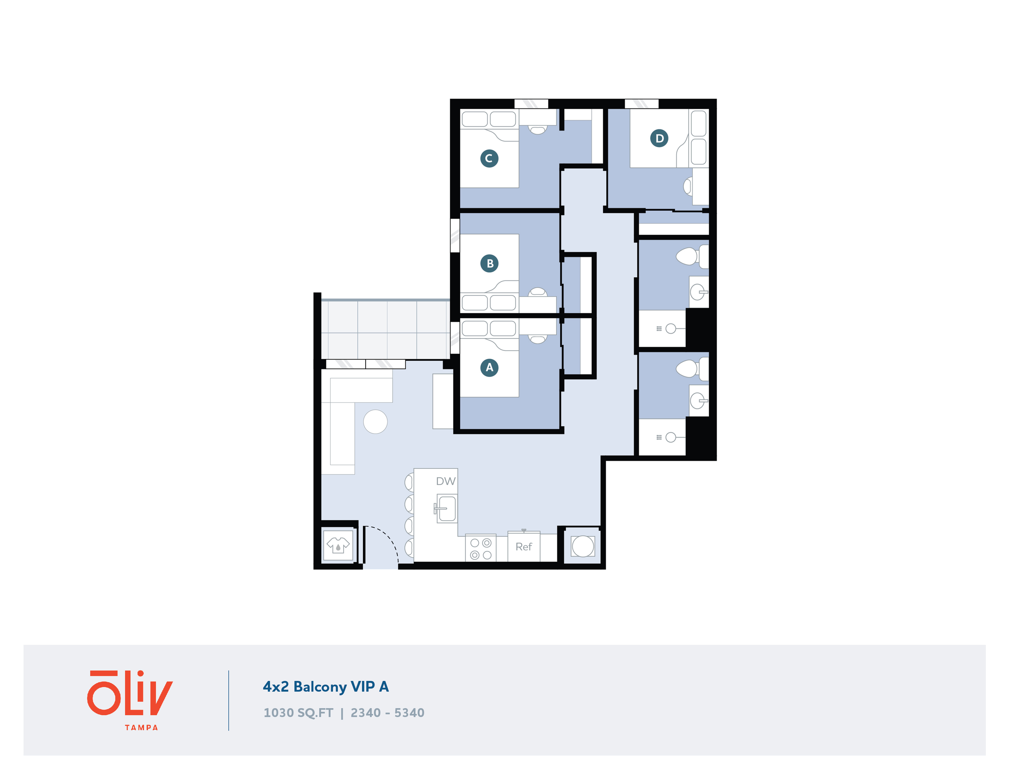 Modern 4-bedroom floor plan with open living area, functional kitchen, and private balconies in Oliv Tampa, 1030 sq ft.