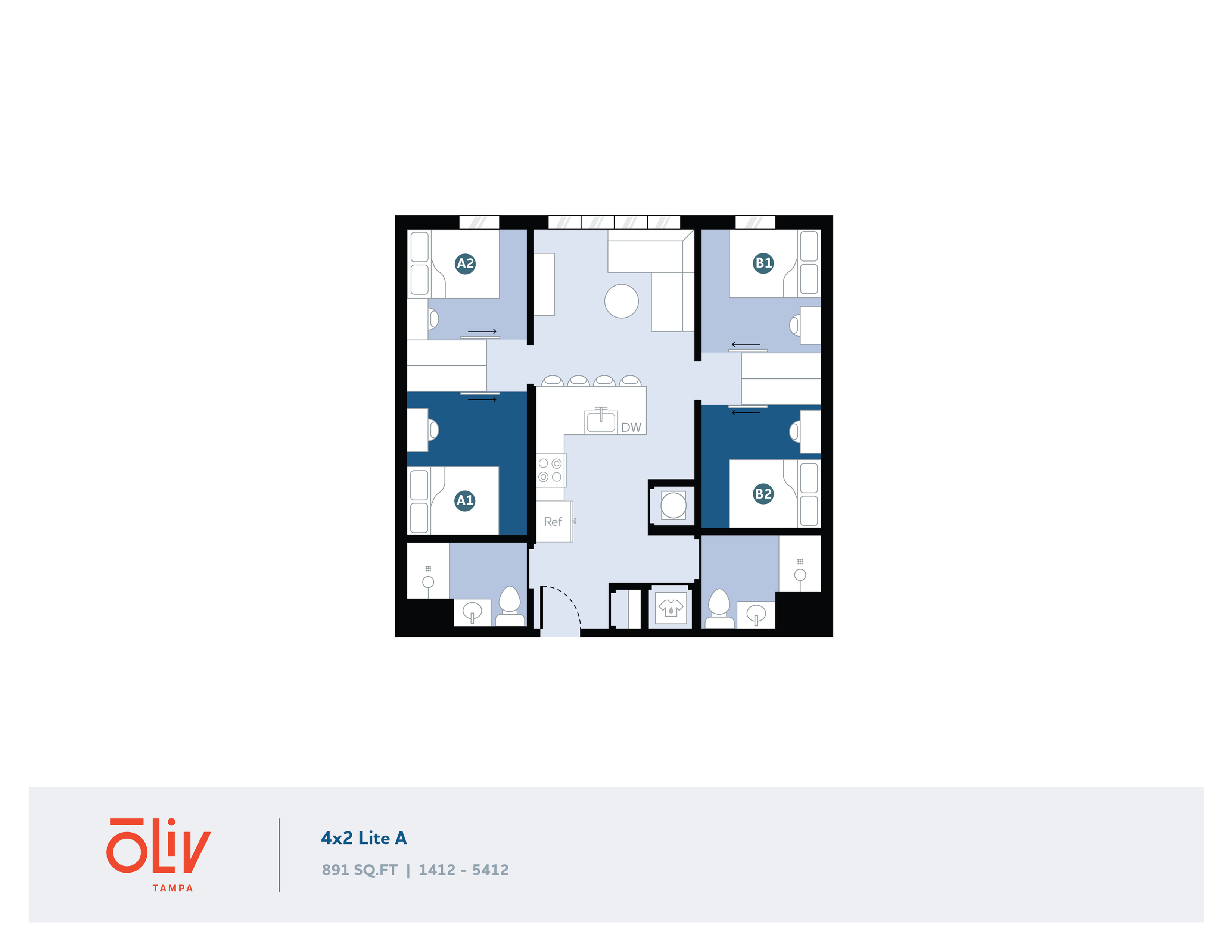 Modern 4x2 Lite A floor plan featuring 4 bedrooms, an open living space, and a sleek kitchen in 891 sq ft. Oliv Tampa offers stylish and efficient living.