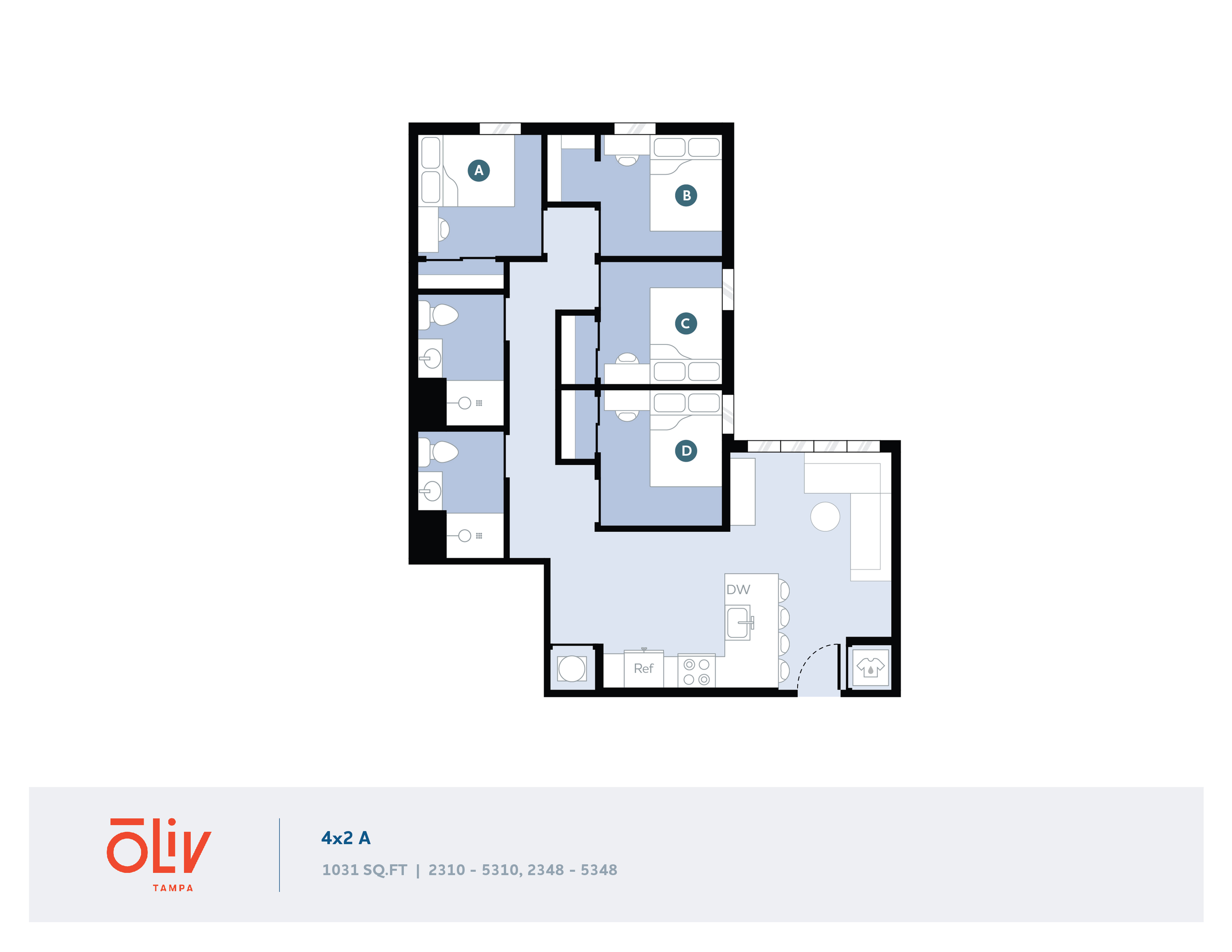Modern floor plan for Oliv Tampa's 4x2 A model, featuring four bedrooms, two bathrooms, and a spacious open-concept living area, covering 1031 sq.ft.
