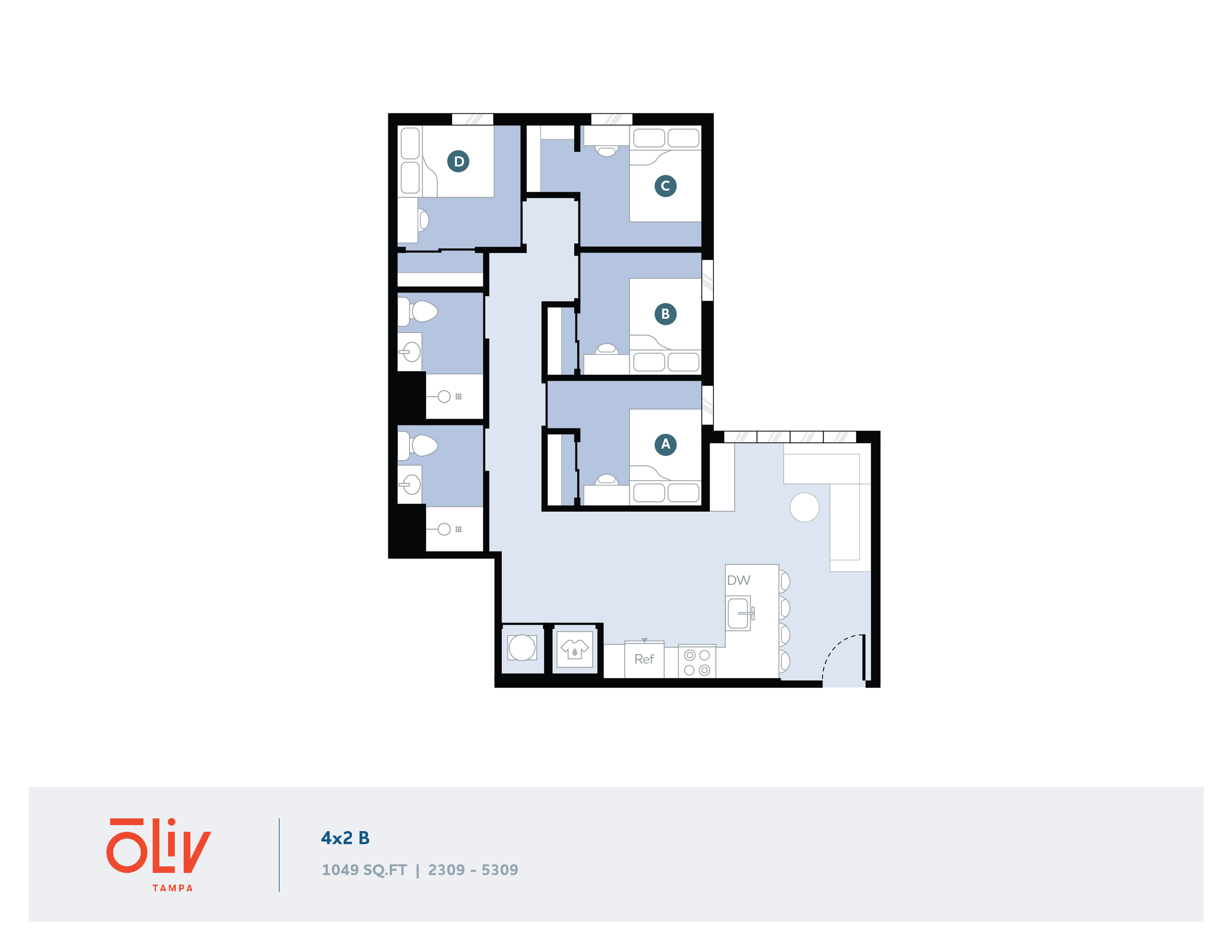 Modern 4-bedroom floor plan featuring a well-designed living space, open kitchen, and multiple bathrooms for dynamic living in 1049 sq ft.