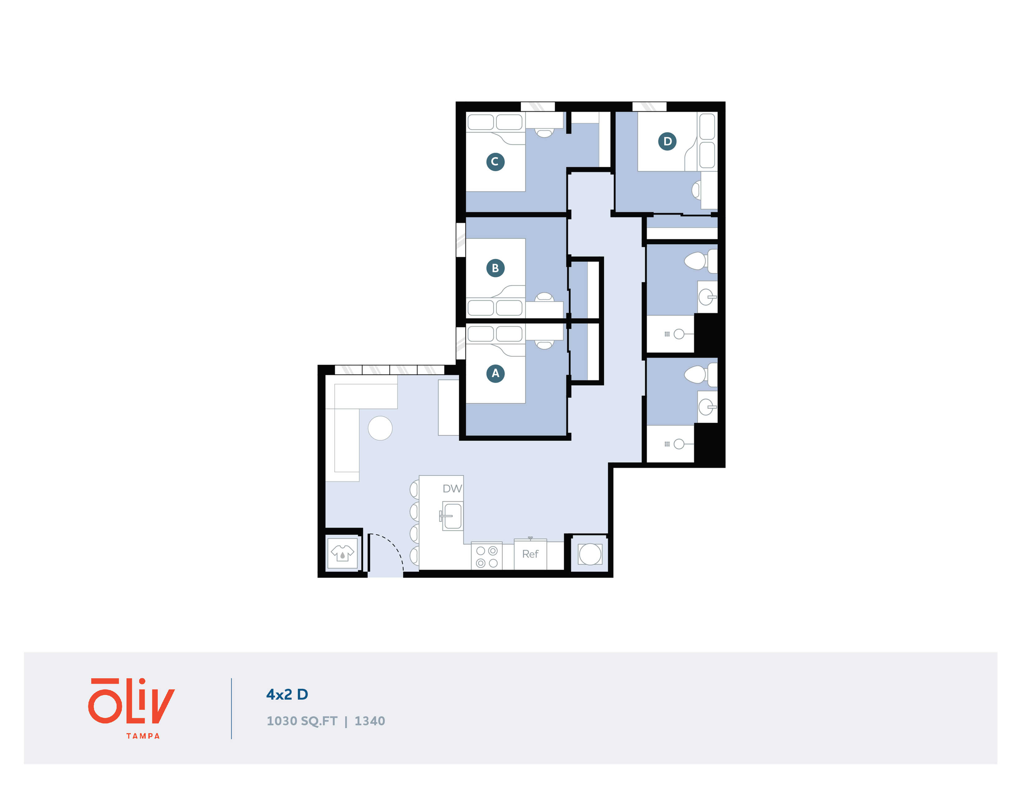 Modern floor plan of Oliv Tampa showcasing 4 bedrooms, 2 bathrooms, and an open-concept kitchen and living area, spanning 1030 sq ft. Ideal for spacious living.