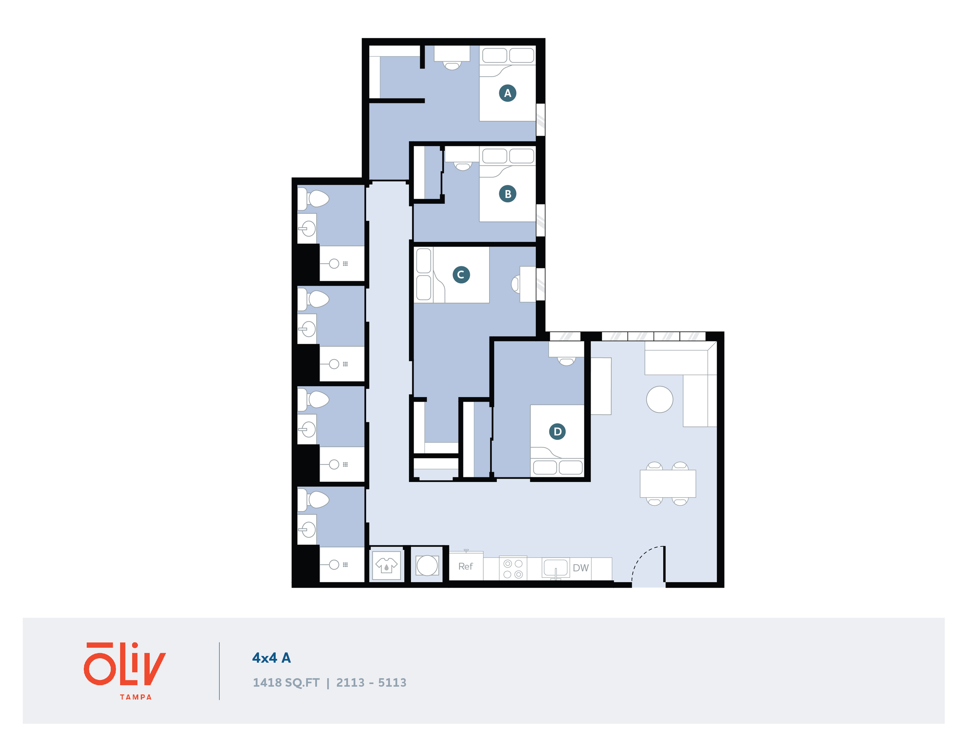Modern 4-bedroom apartment floor plan at Oliv Tampa, featuring 1418 sq ft of living space with private bathrooms, open kitchen, and cozy living area.