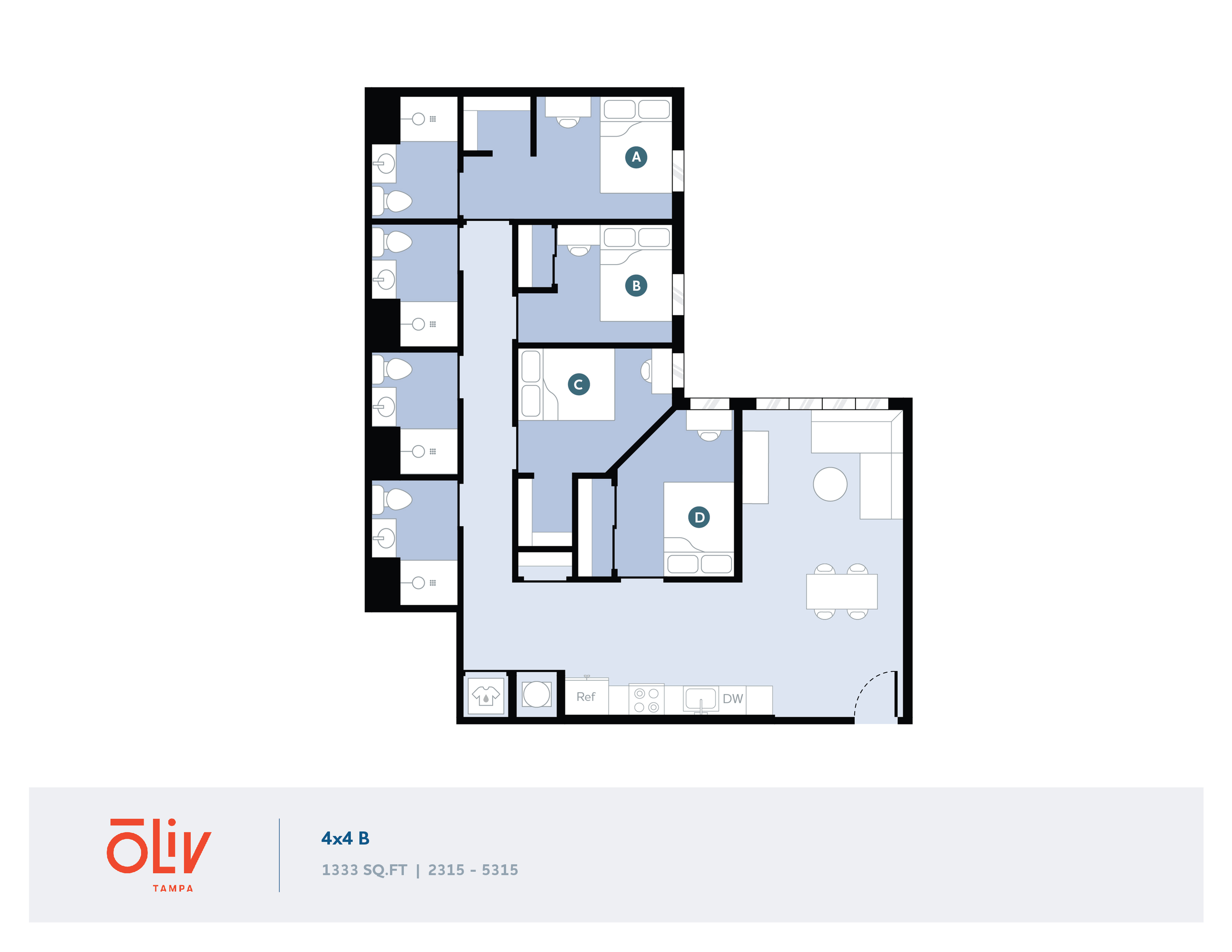 Oliv Tampa modern floor plan featuring 4 bedrooms, each with a private bathroom, a spacious living and dining area, and a well-equipped kitchen in 1333 sq ft.