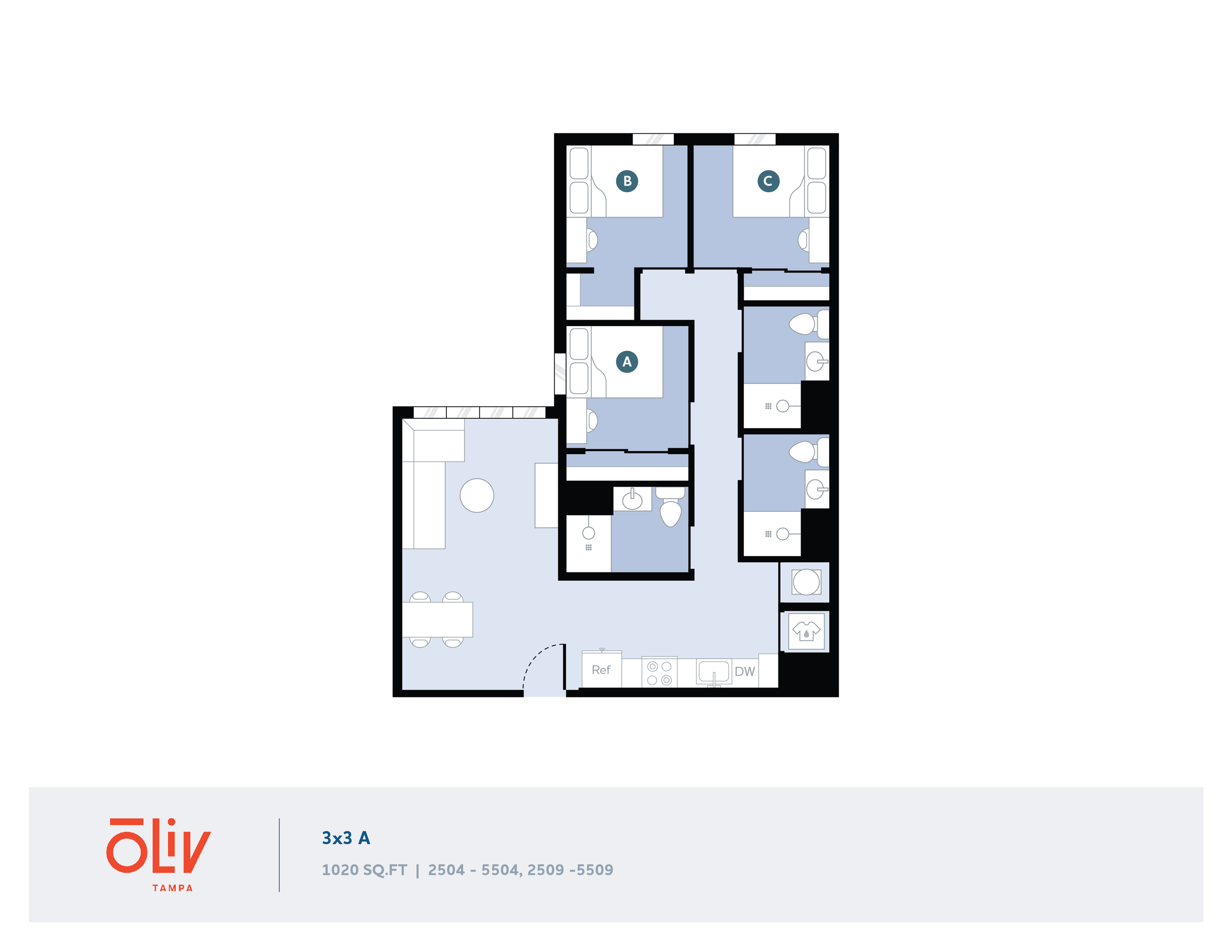 Modern 3-bedroom floor plan at Oliv Tampa featuring individual bathrooms and an open-concept living space, spanning 1020 sq ft.