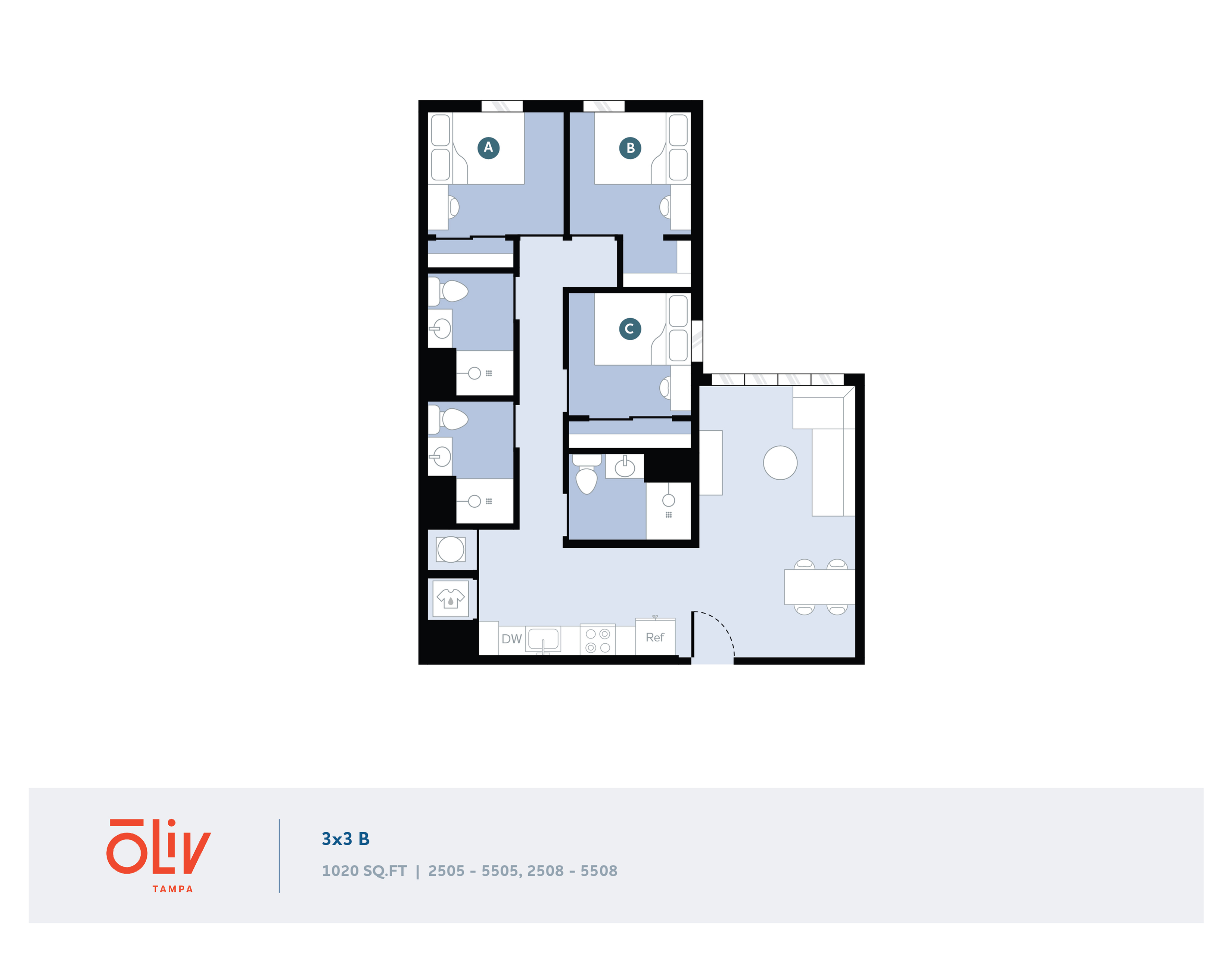 Inviting 3-bedroom apartment floor plan featuring private bathrooms for each room, an open-plan living area, and a modern kitchen in a spacious 1020 sq ft layout at Oliv Tampa.