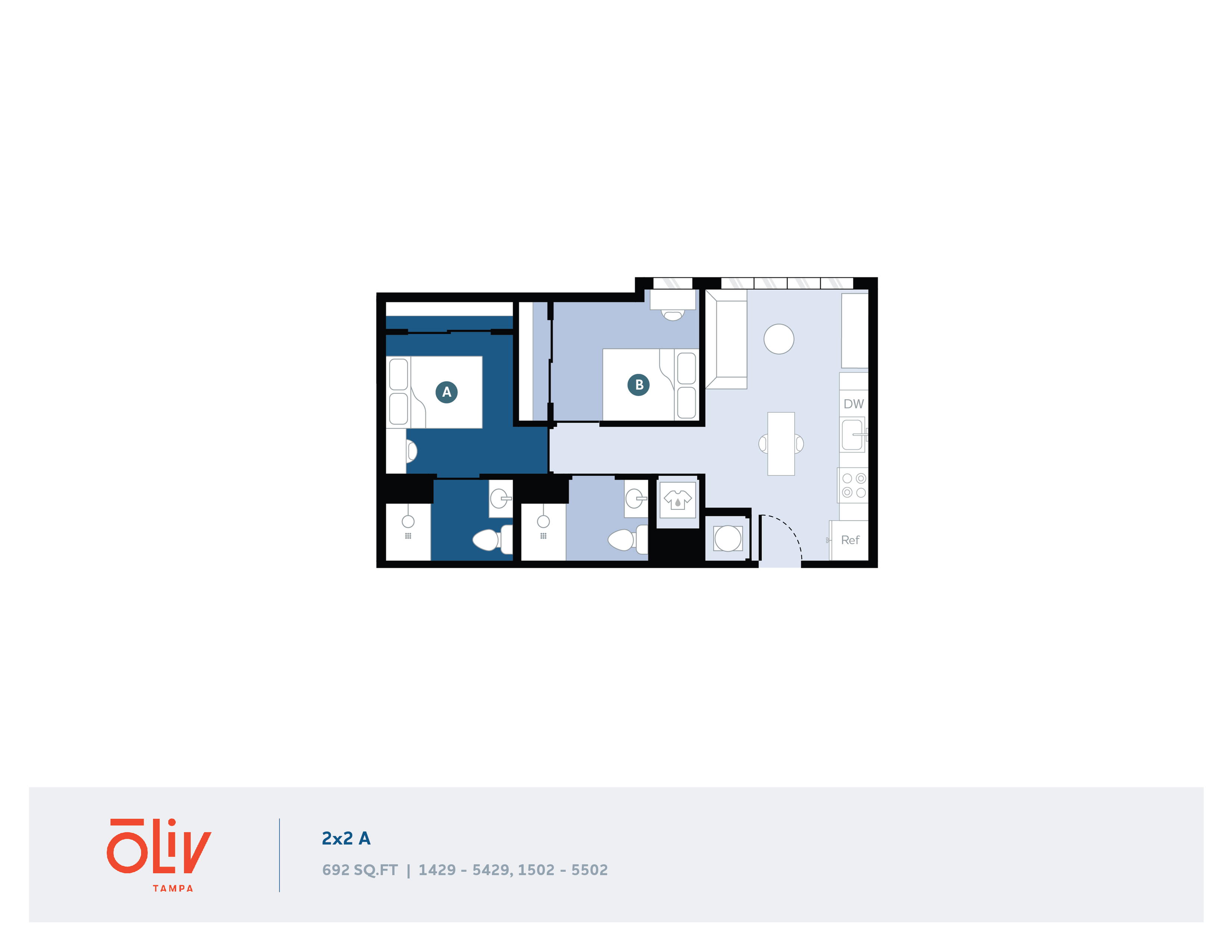 Chic 2-bedroom floor plan with modern kitchen, cozy living area, and two stylish bathrooms in Tampa, 692 sq ft.