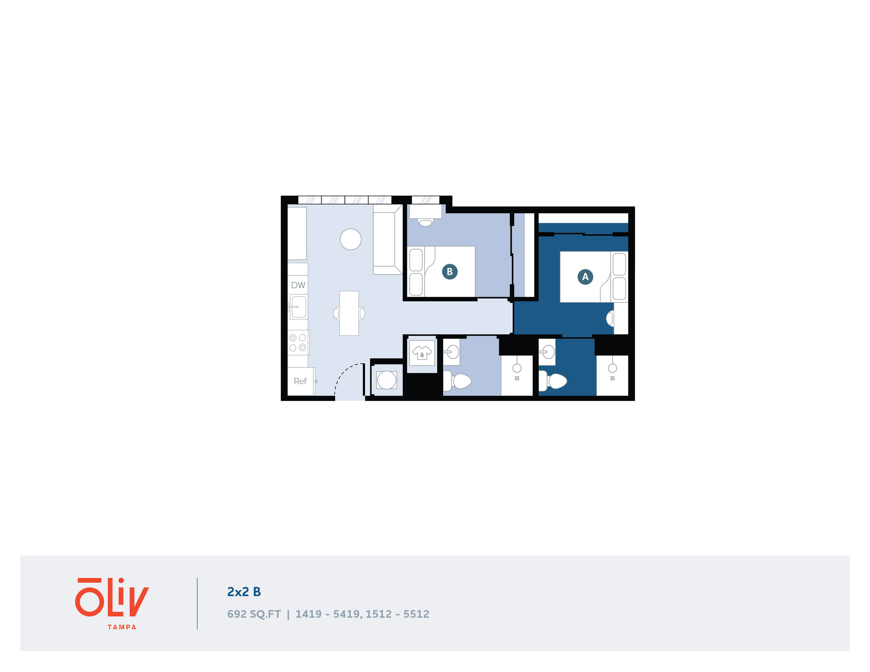 Oliv Tampa floor plan showcasing a sleek 2x2 B layout with two bedrooms, modern kitchen, and inviting living space, spanning 692 sq. ft.