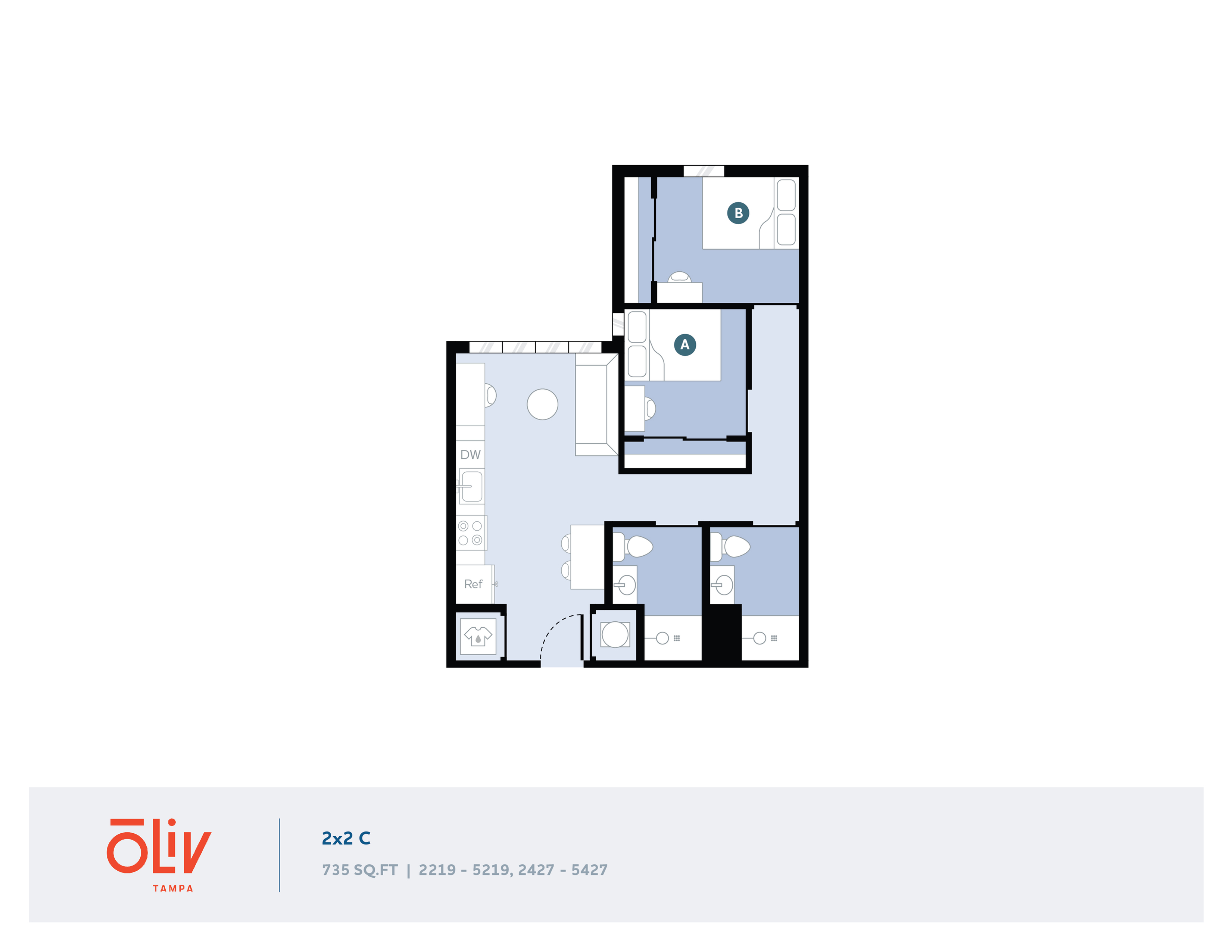 Modern apartment floor plan featuring 2 bedrooms, 2 bathrooms, an open kitchen, and cozy living area within 735 sq ft at Oliv Tampa.