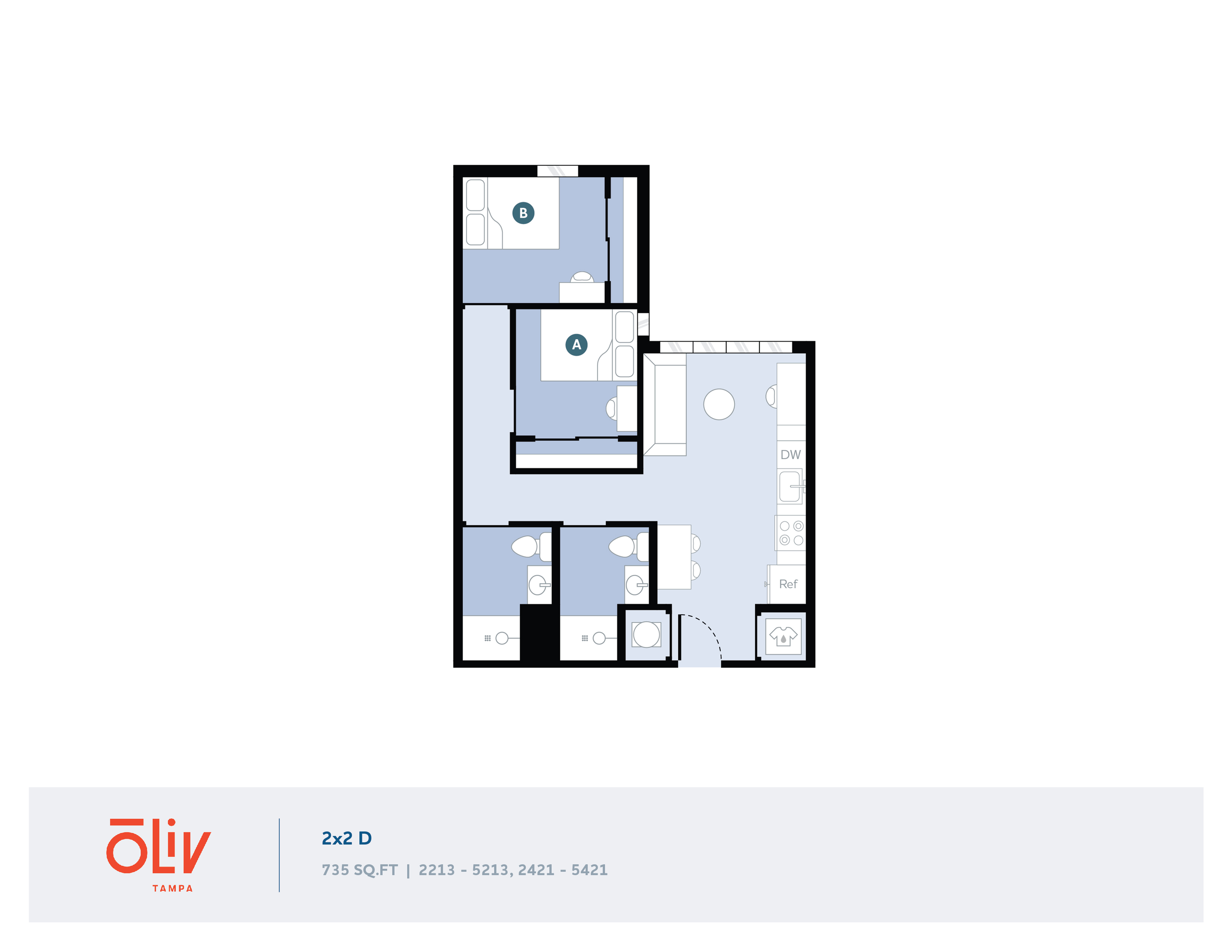 Modern 2x2 D floor plan at Oliv Tampa featuring 2 bedrooms, 2 bathrooms, a spacious living area, and a well-equipped kitchen in 735 sq ft.