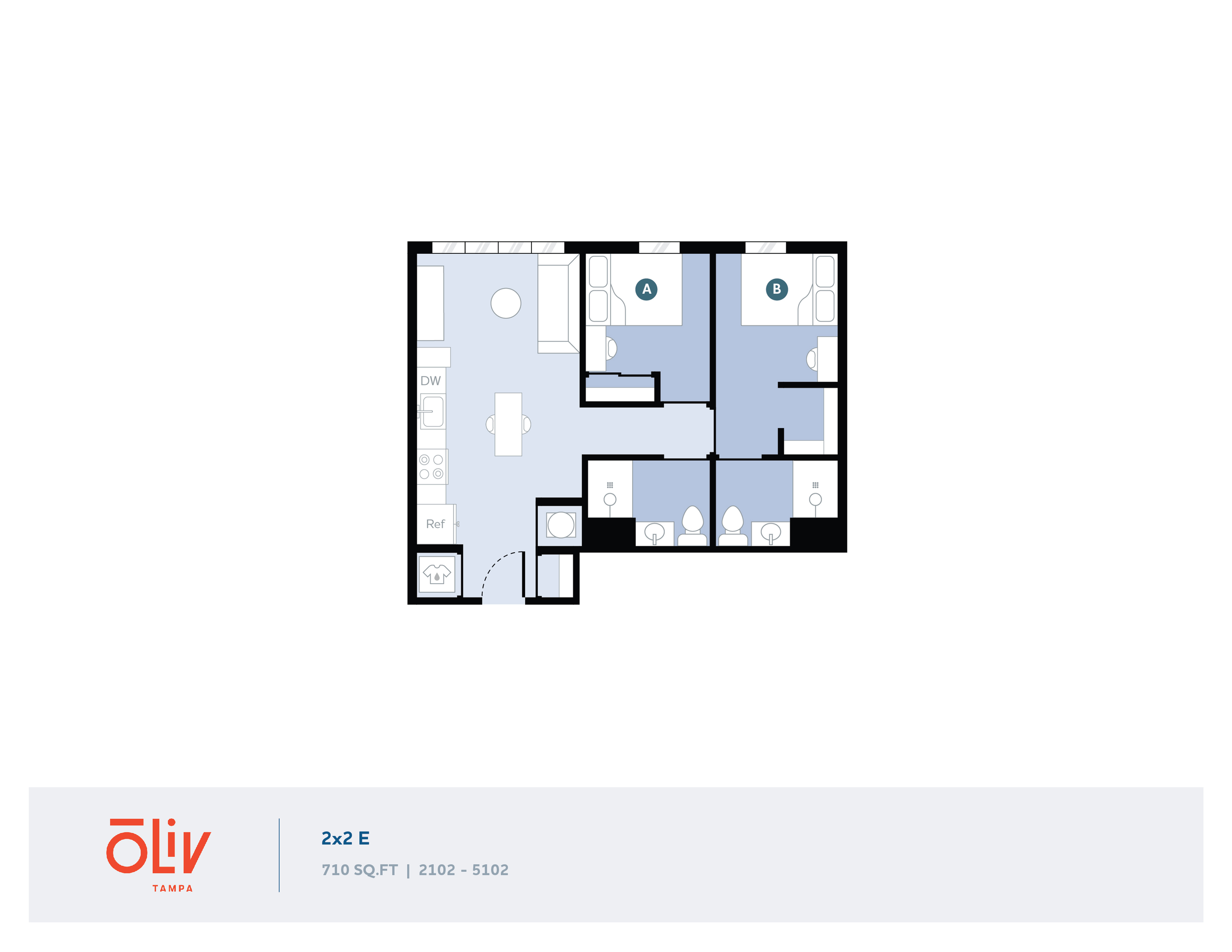 Contemporary 2x2 E floor plan featuring 2 bedrooms, spacious living area, and modern kitchen, 710 sq ft in Oliv Tampa.