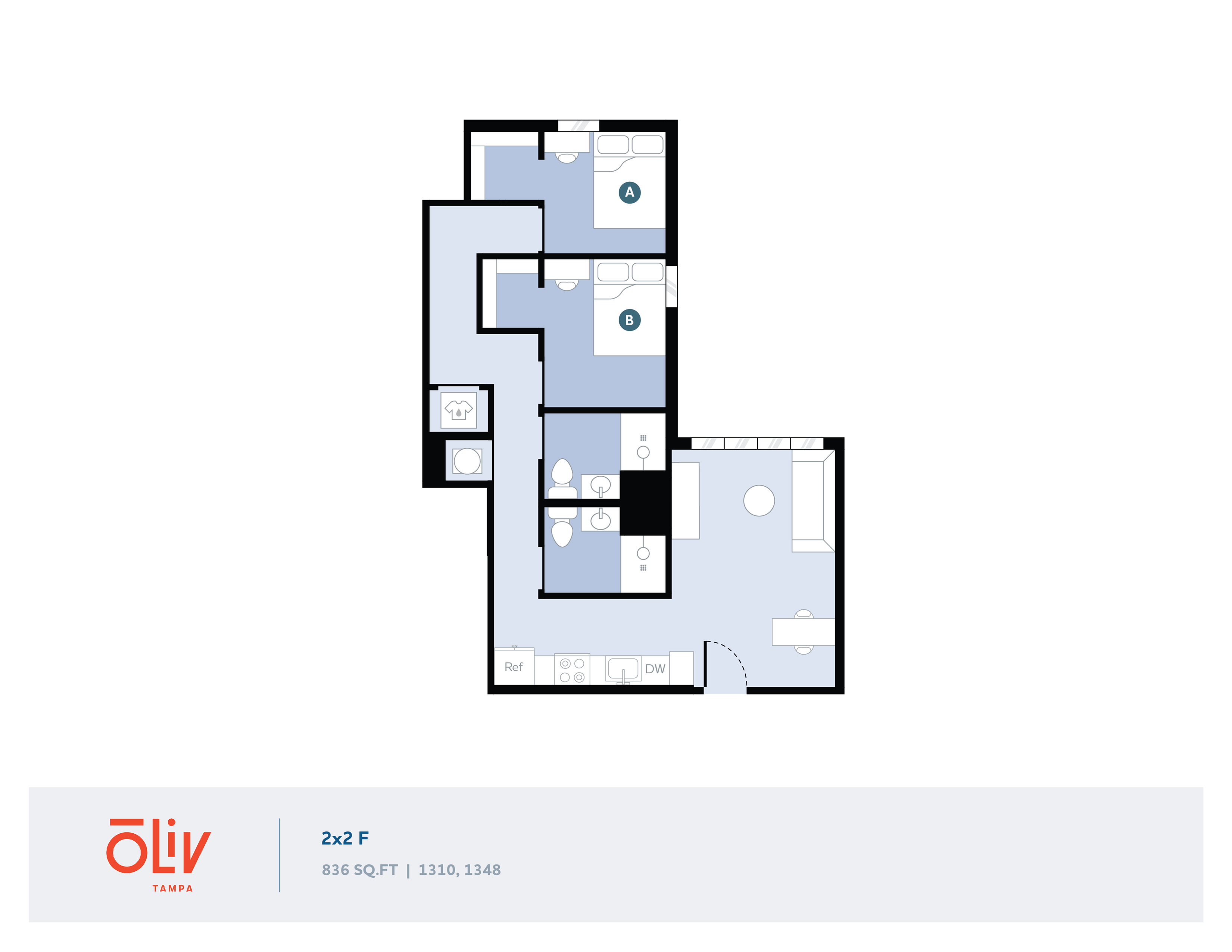 Inviting 2D floor plan featuring 2 bedrooms and 2 bathrooms, showcasing an open living area and modern kitchen layout in 836 sq ft space.