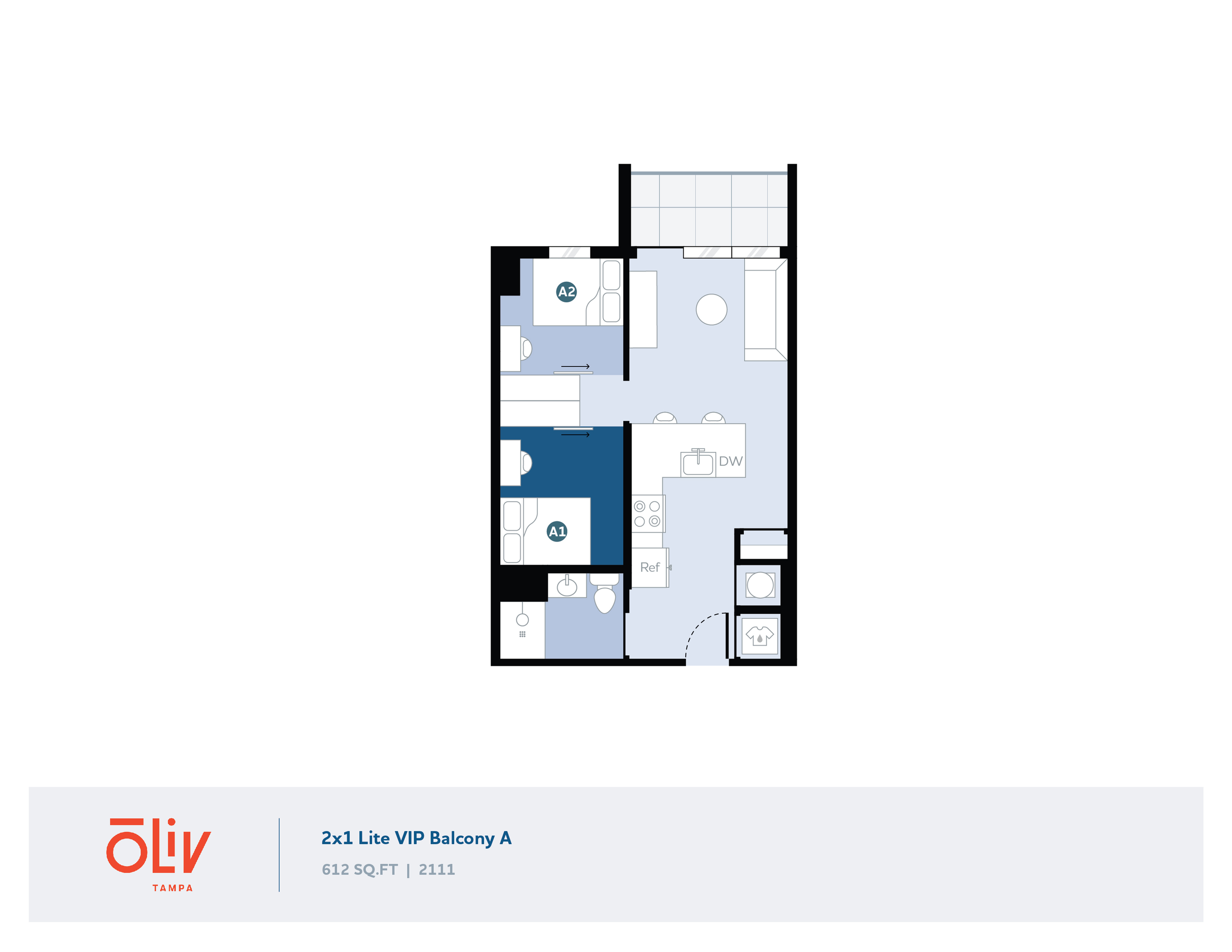 Modern 2x1 Lite VIP floor plan with balcony, featuring sleek kitchen, cozy living area, and stylish bedroom layouts in 612 sq ft.