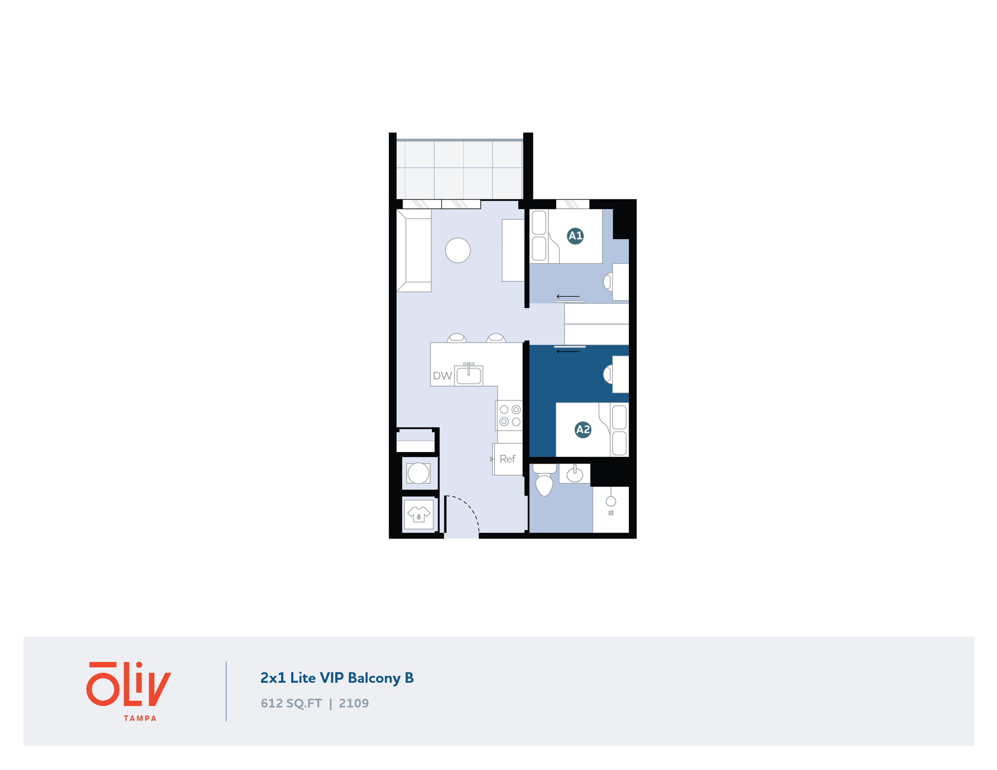 2x1 Lite VIP Balcony B floor plan showcasing 2 cozy bedrooms, a modern kitchen, and a stylish living area with attached balcony, 612 sq ft.