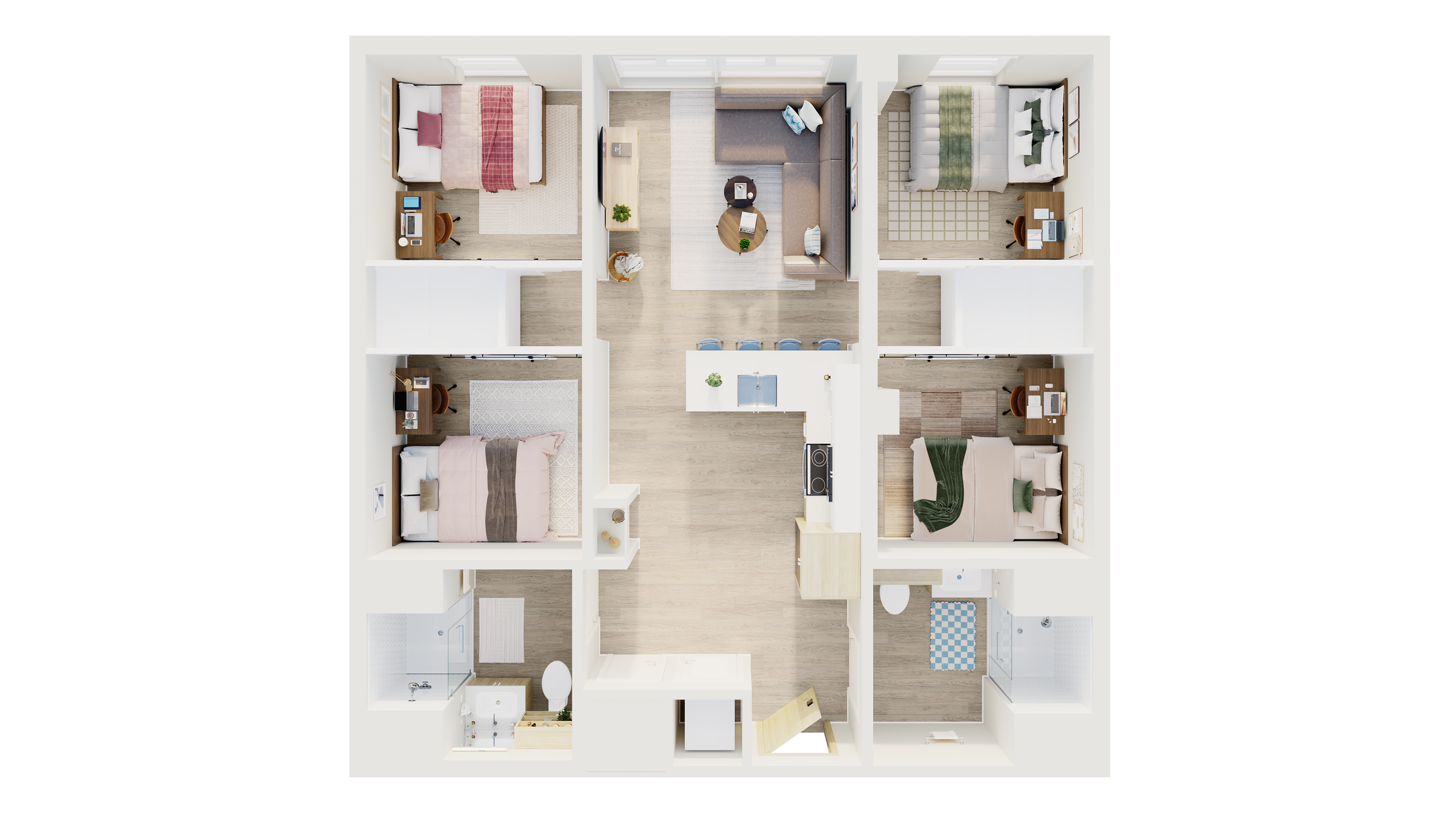 Bright, spacious floor plan showcasing 4 beautifully furnished bedrooms, modern open-concept living area, and stylish kitchen with ample counter space.