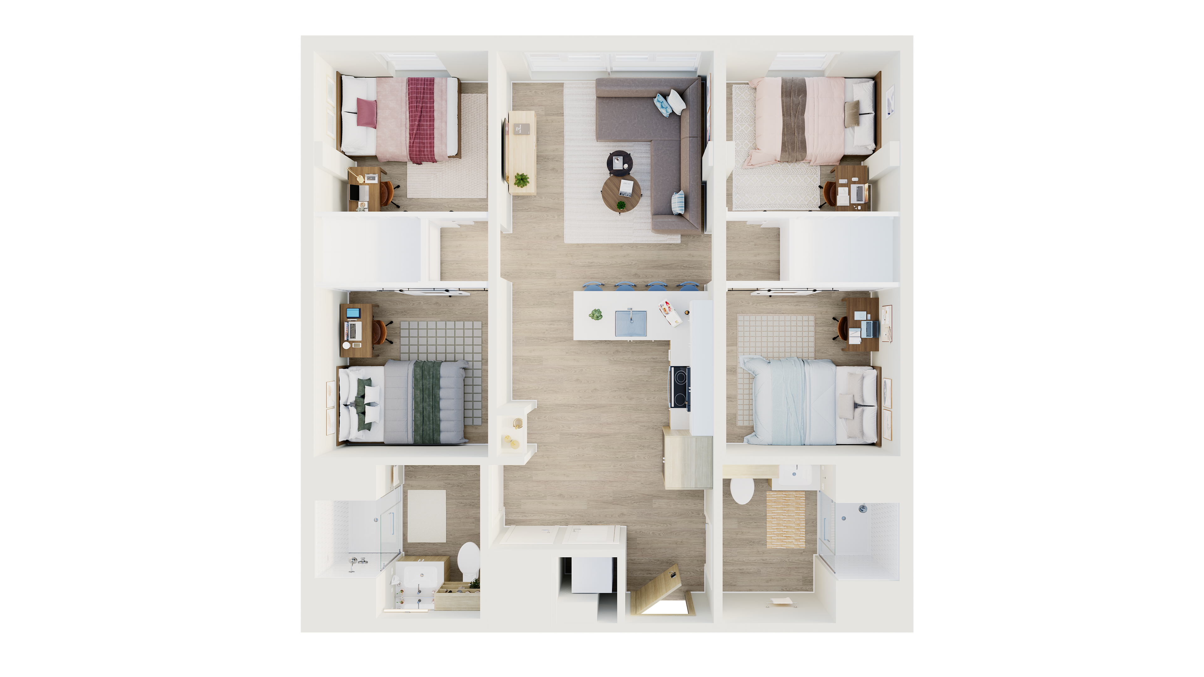 Modern apartment floor plan showcasing 4 bedrooms, an inviting open-concept living room, and a sleek kitchen area.