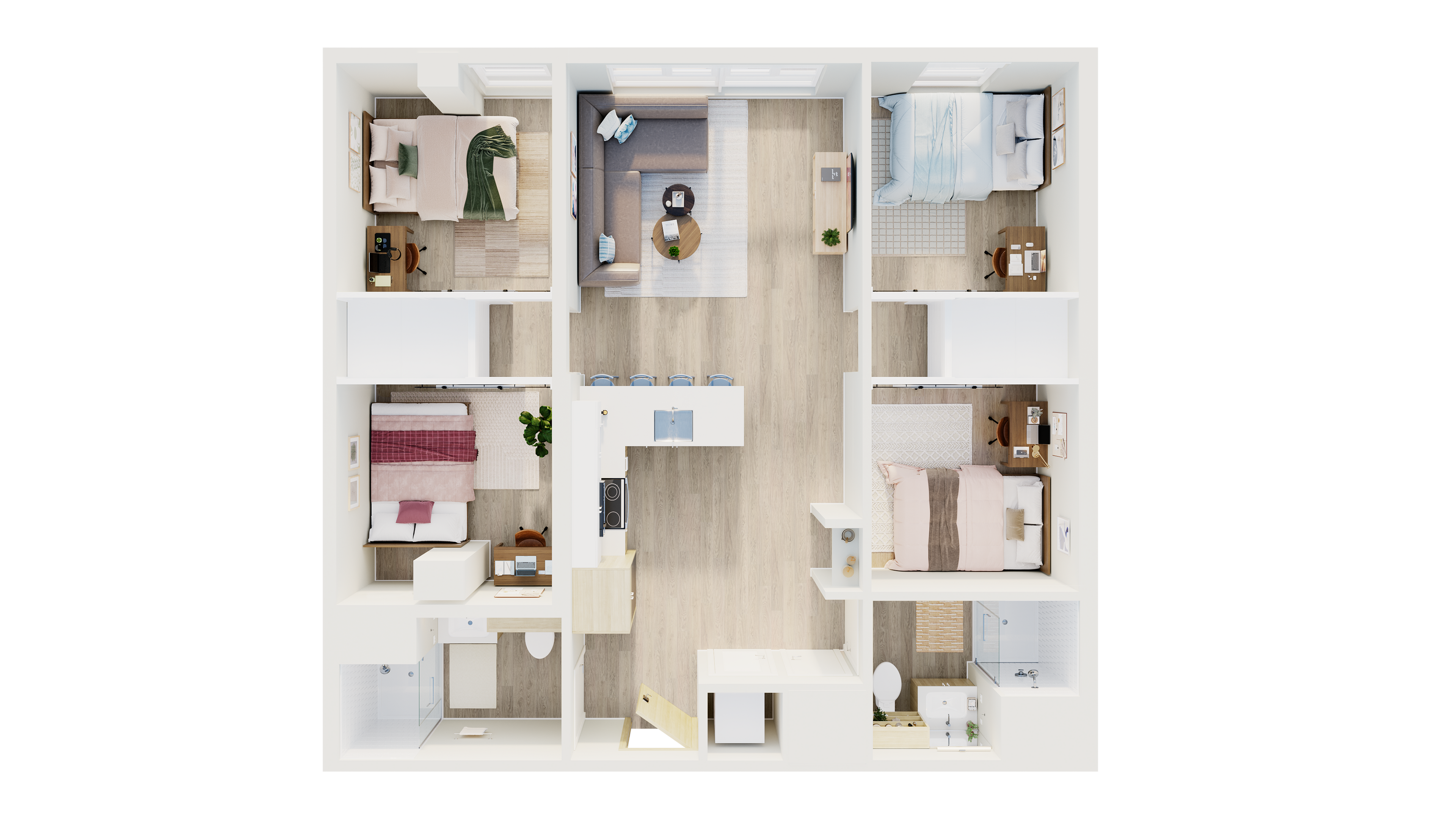 Modern 3D floor plan displaying 3 cozy bedrooms, an inviting open-concept living area, and a sleek kitchen. Ideal for comfortable urban living.