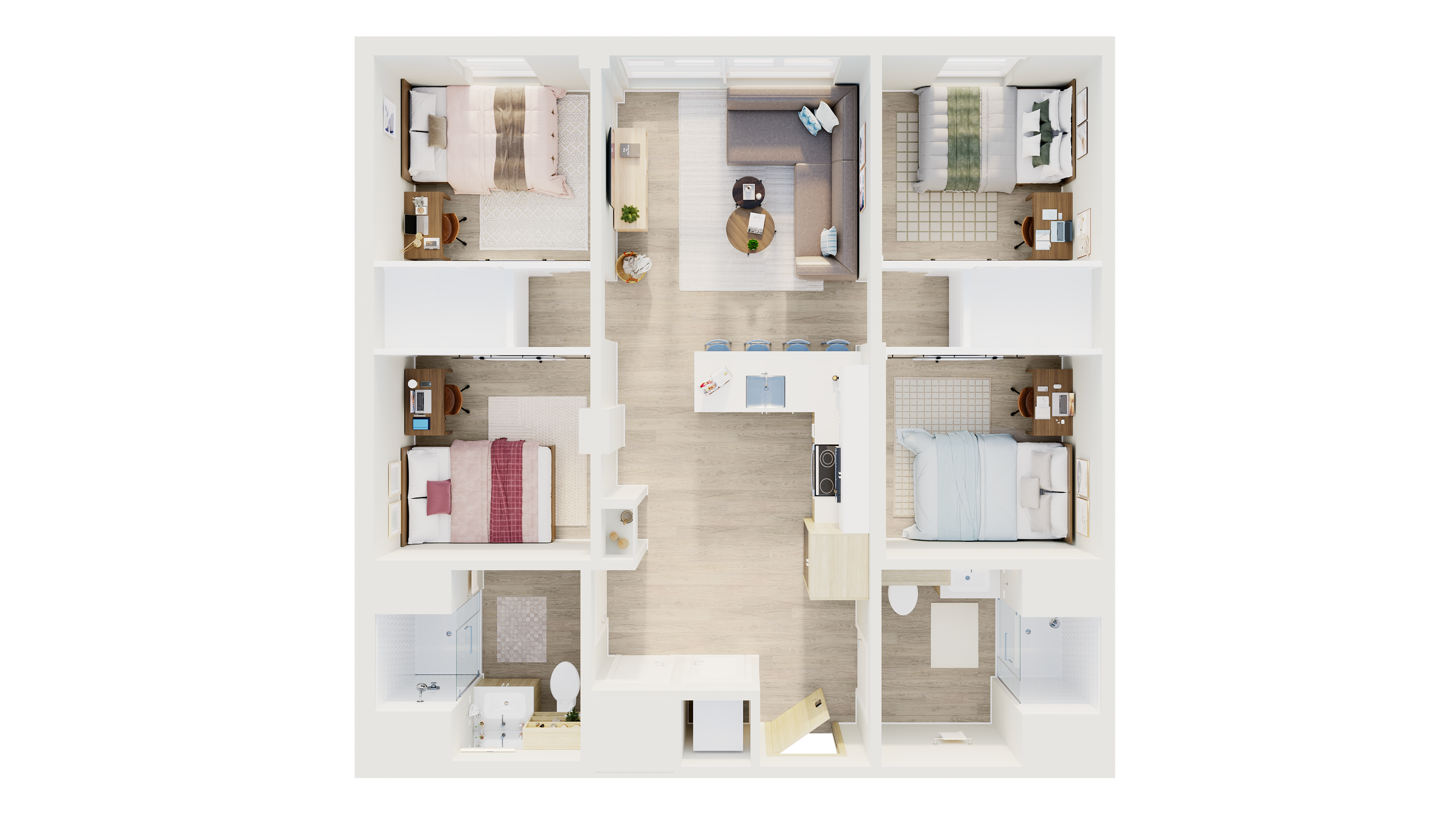 Bright and spacious floor plan showcasing four bedrooms, an inviting living room, modern kitchen, and two bathrooms for optimal comfort and style.