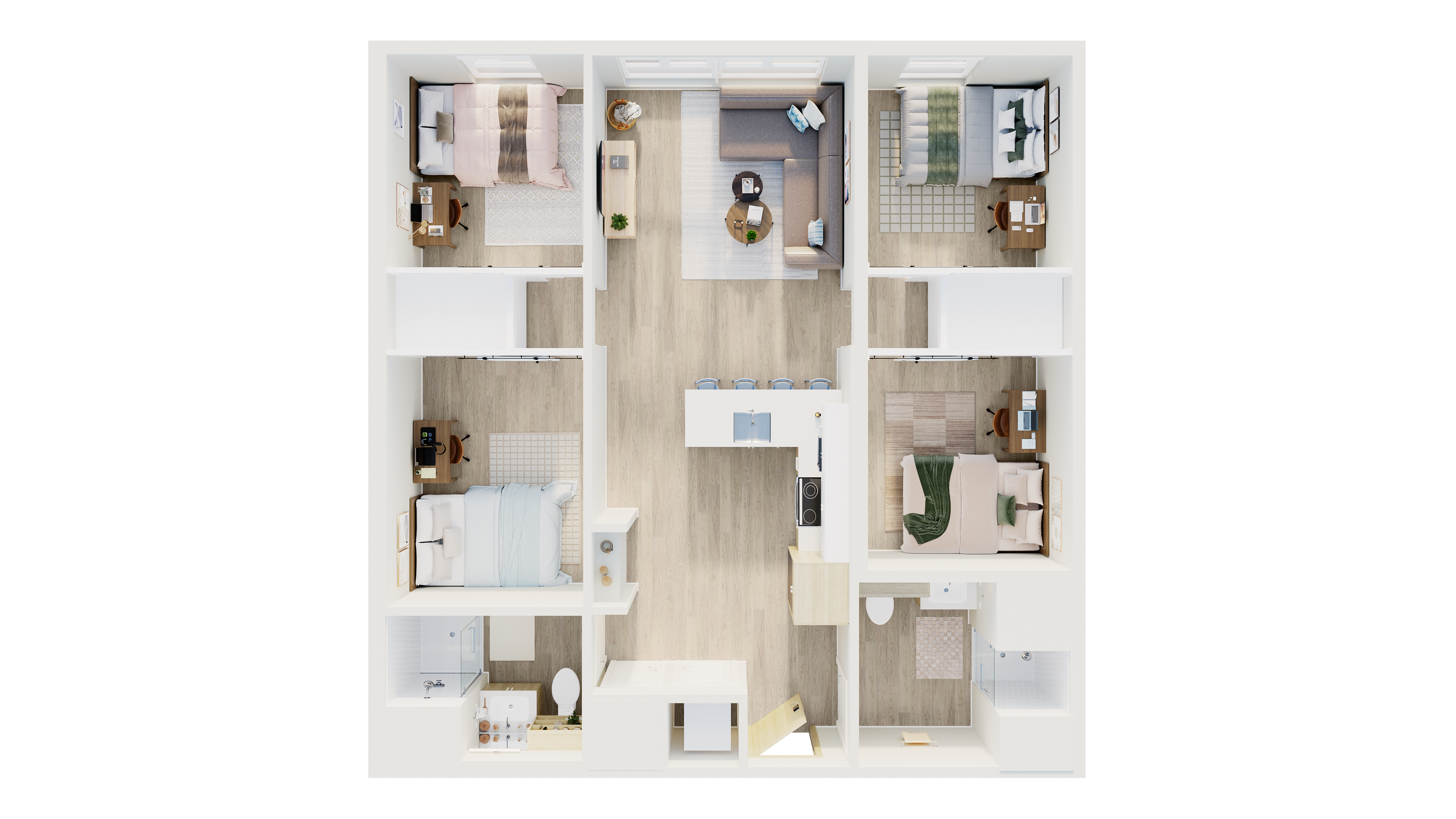Modern 3-bedroom apartment floor plan with open-concept living room, sleek kitchen island, and two stylish bathrooms.