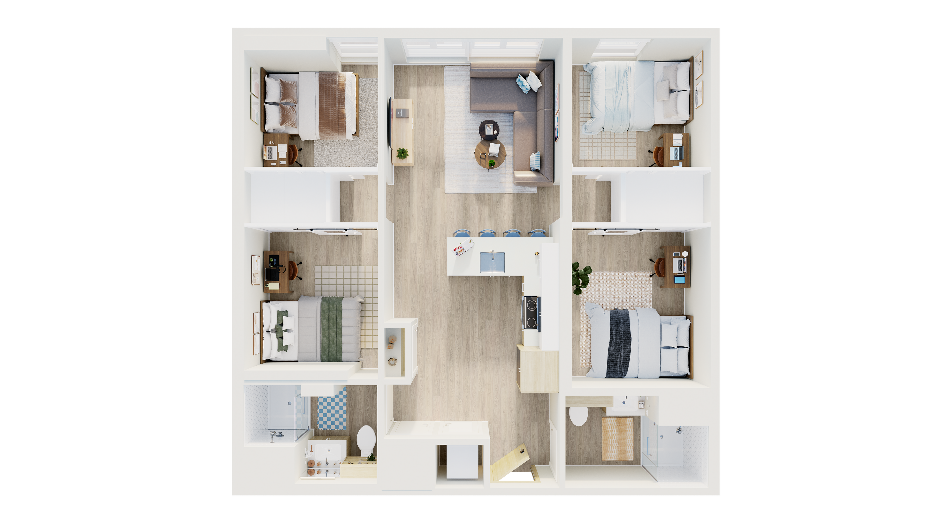 Sleek 2D floor plan showcasing a modern apartment with four bedrooms, open living area, gourmet kitchen, and elegant bathrooms, perfect for comfortable urban living.