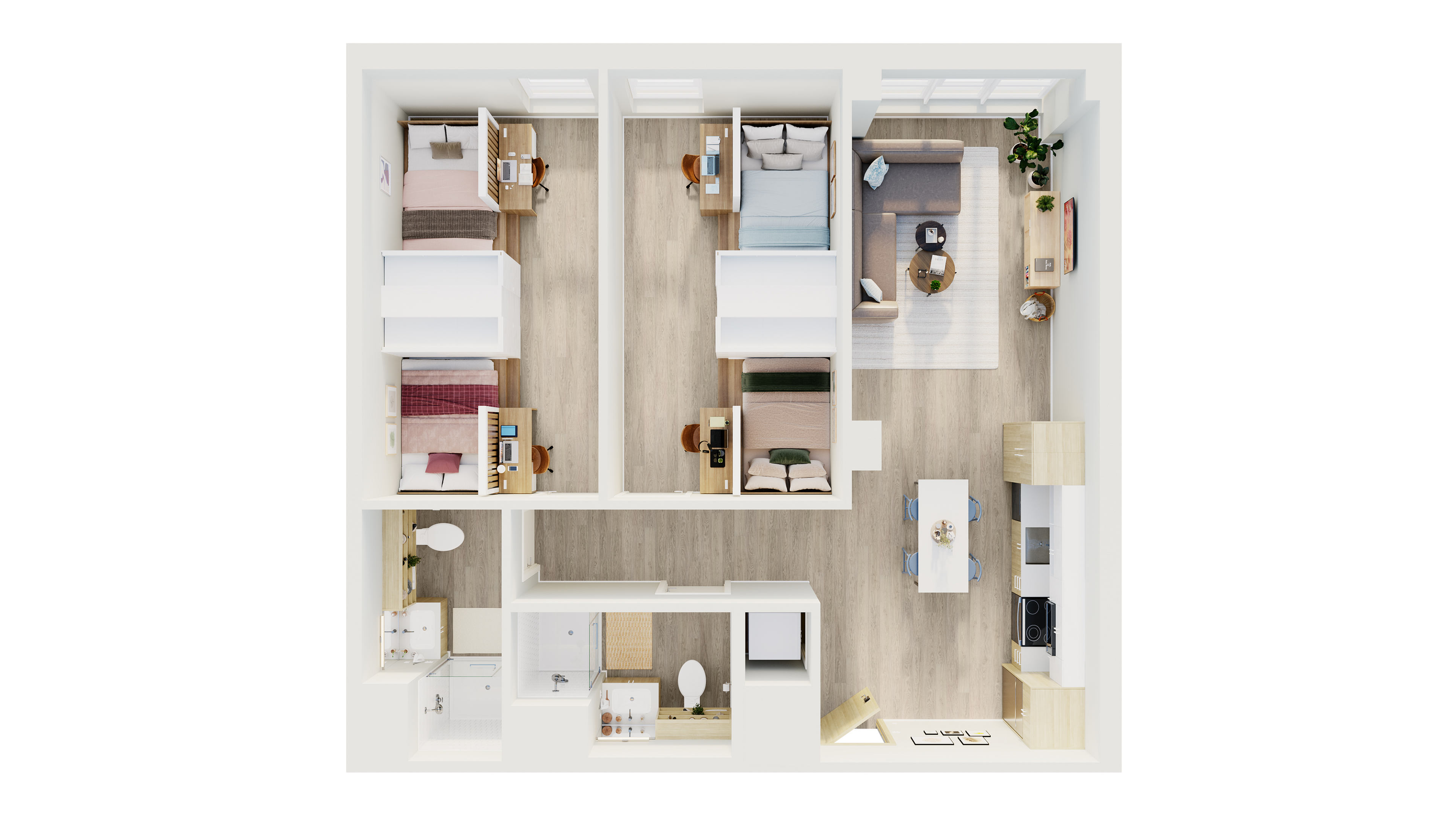 Contemporary floor plan showcasing 3 cozy bedrooms, an inviting open-concept living area, and a sleek modern kitchen, ideal for comfortable living.